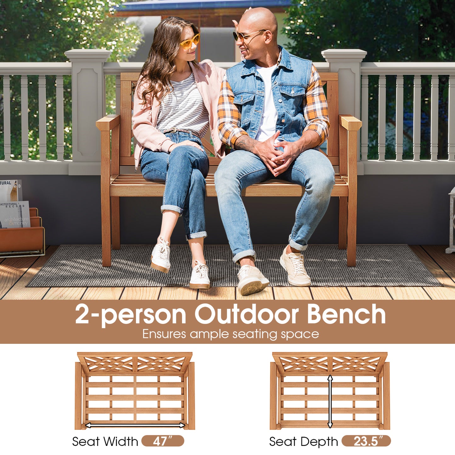 2-Person Teak Wood Garden Bench with Armrests and Backrest