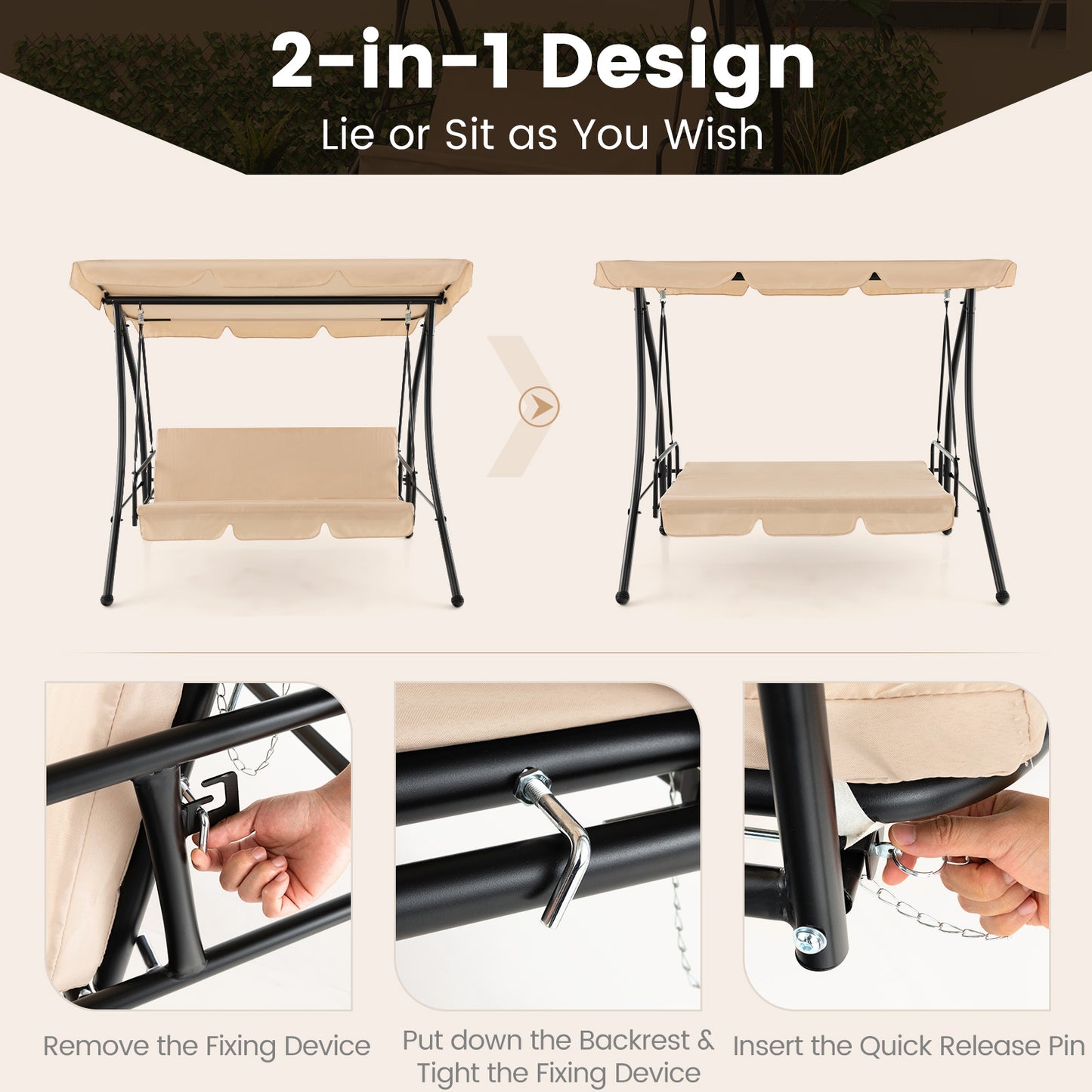 2-Seat Convertible Porch Swing with Adjustable Canopy