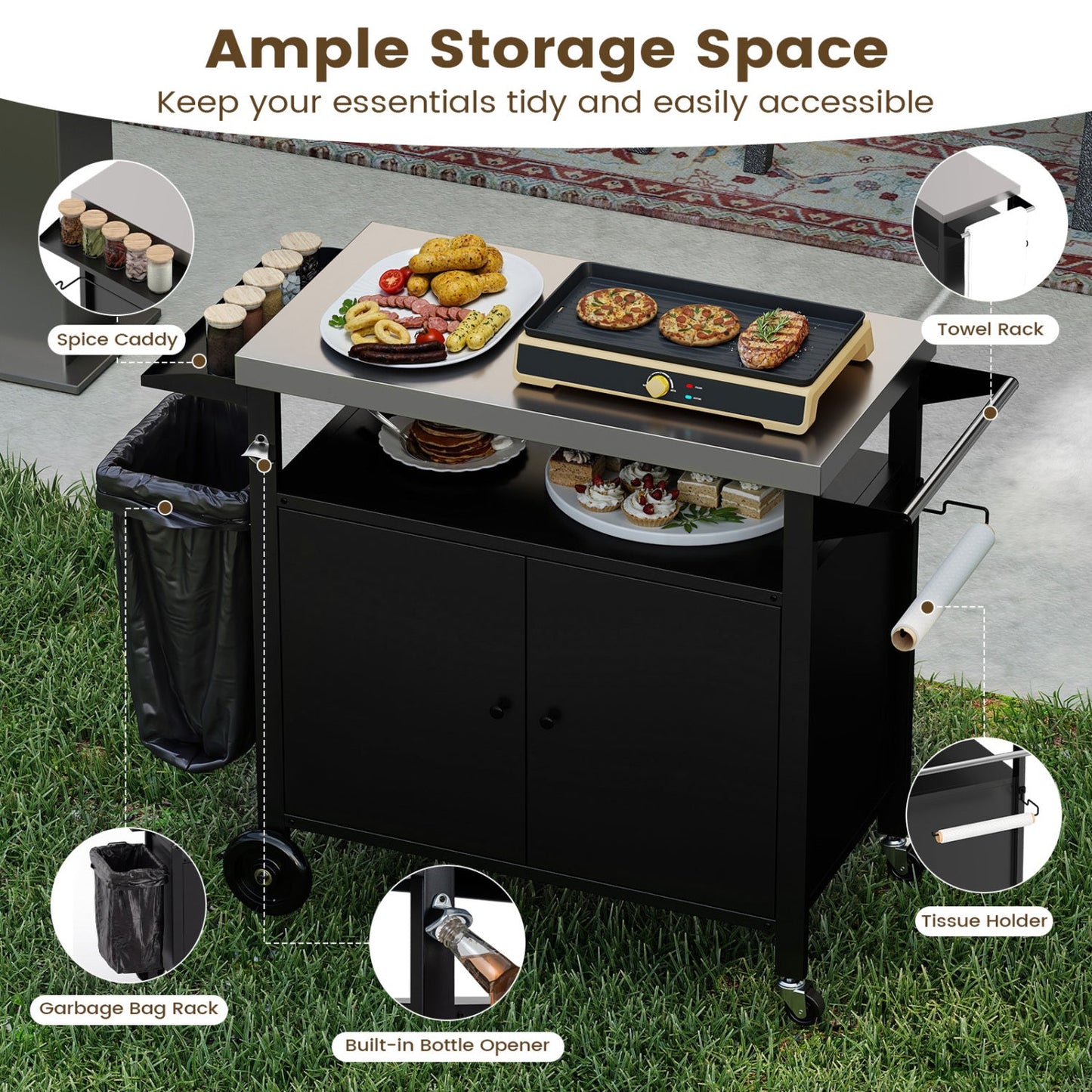 Outdoor Grill Cart with Stainless Steel Top & Storage Cabinet