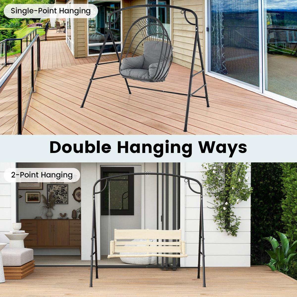 Outdoor Metal Swing Stand with 4 Support Bars and 2 Hanging Ways-Black