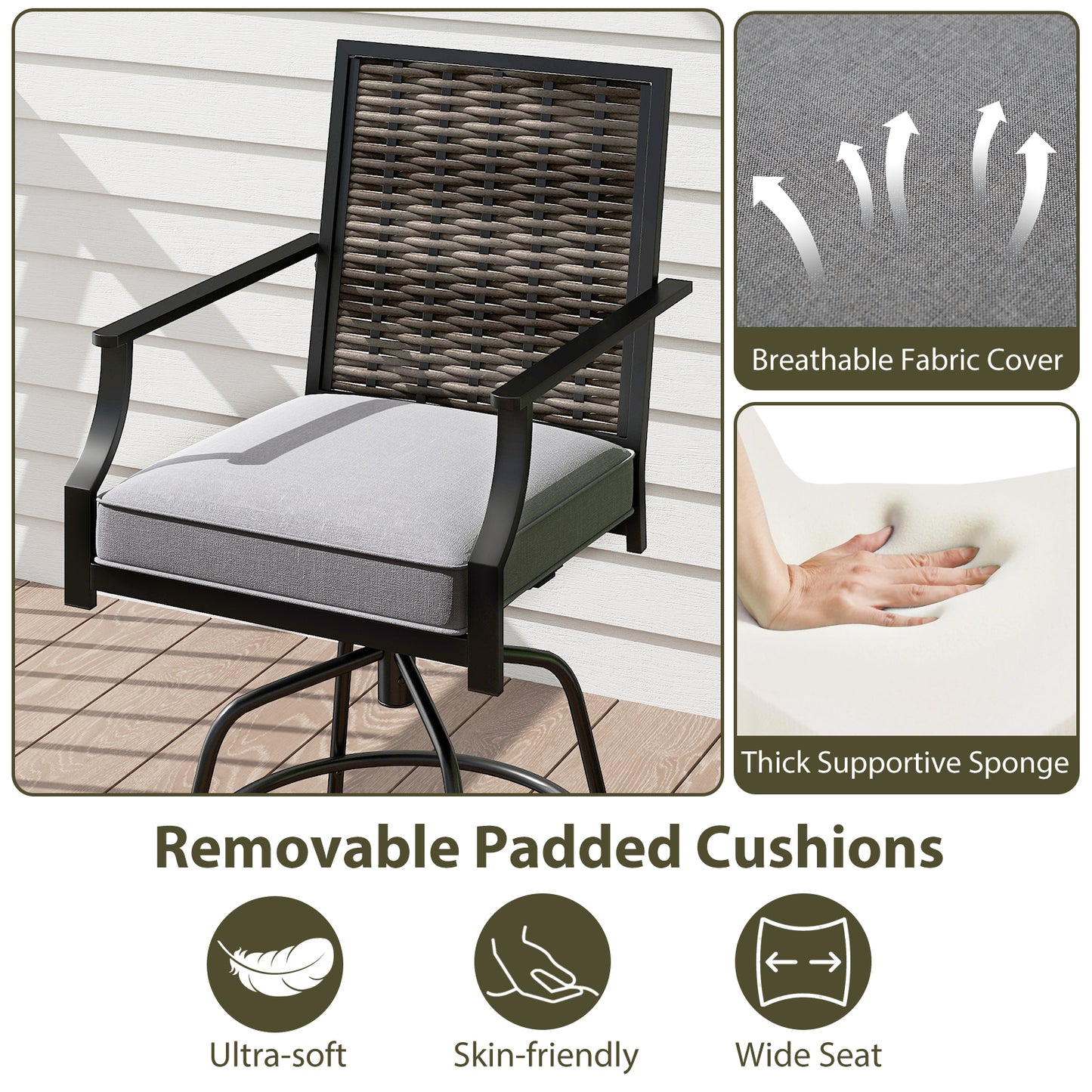 Swivel Bar Stools Set of 2 with Cushions - Outdoor Wicker
