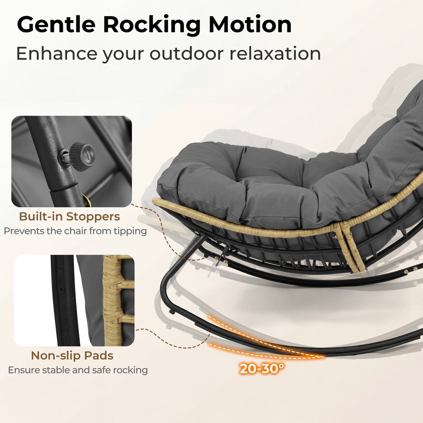 Papasan Rocking Chair with Thick Cushion for Patio - Gray