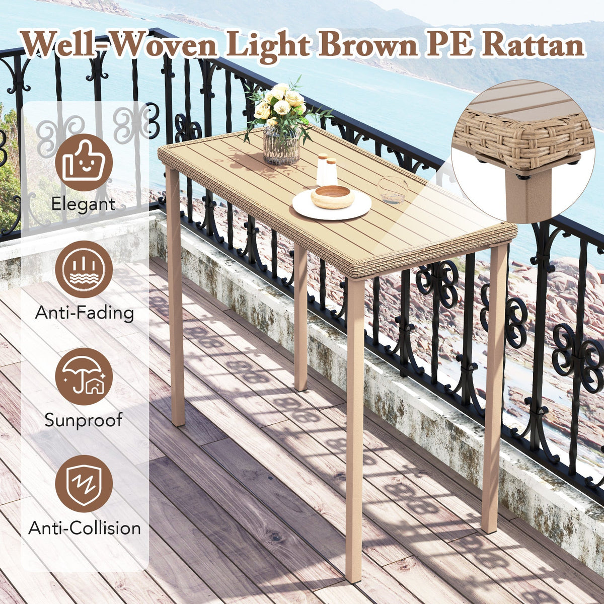 Outdoor Patio Bar Table Heavy Duty Rectangle Metal Frame-Brown