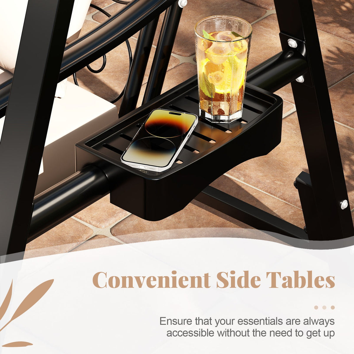 Outdoor Porch Swing with Removable Cushions and Side Tables for Garden Balcony-Black