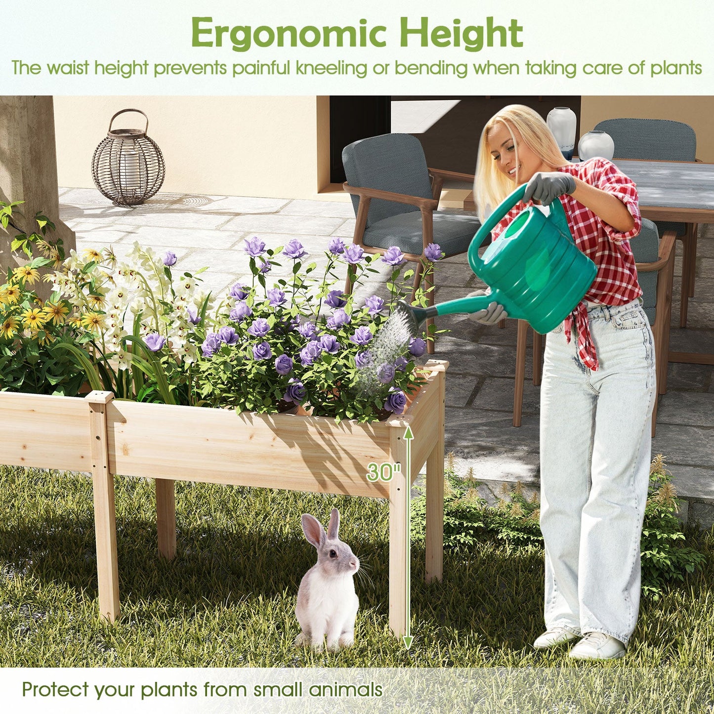 Fir Wood Outdoor Raised Garden Bed with Divider Panel and Drainage Holes