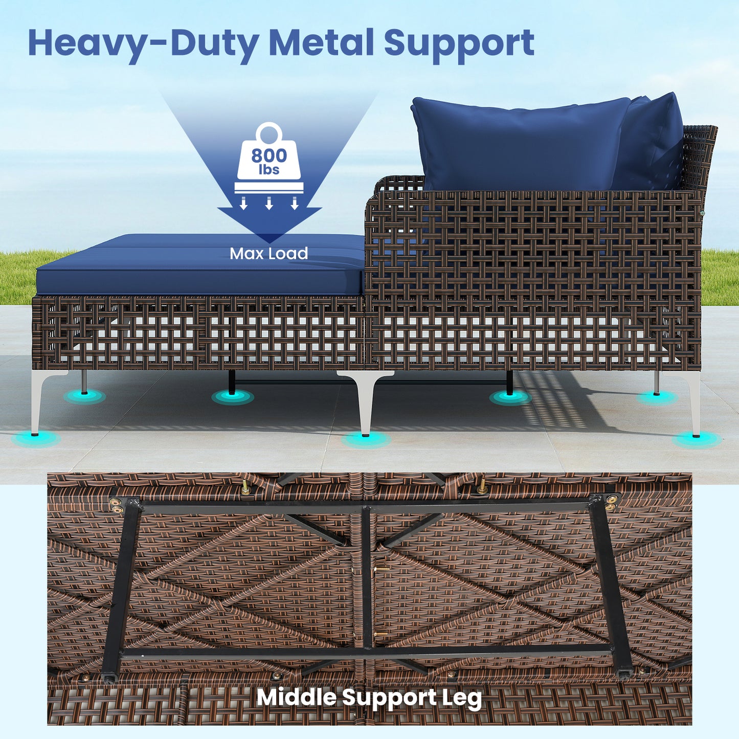 Double Chaise Lounge Daybed with Cushions - Wicker Rattan