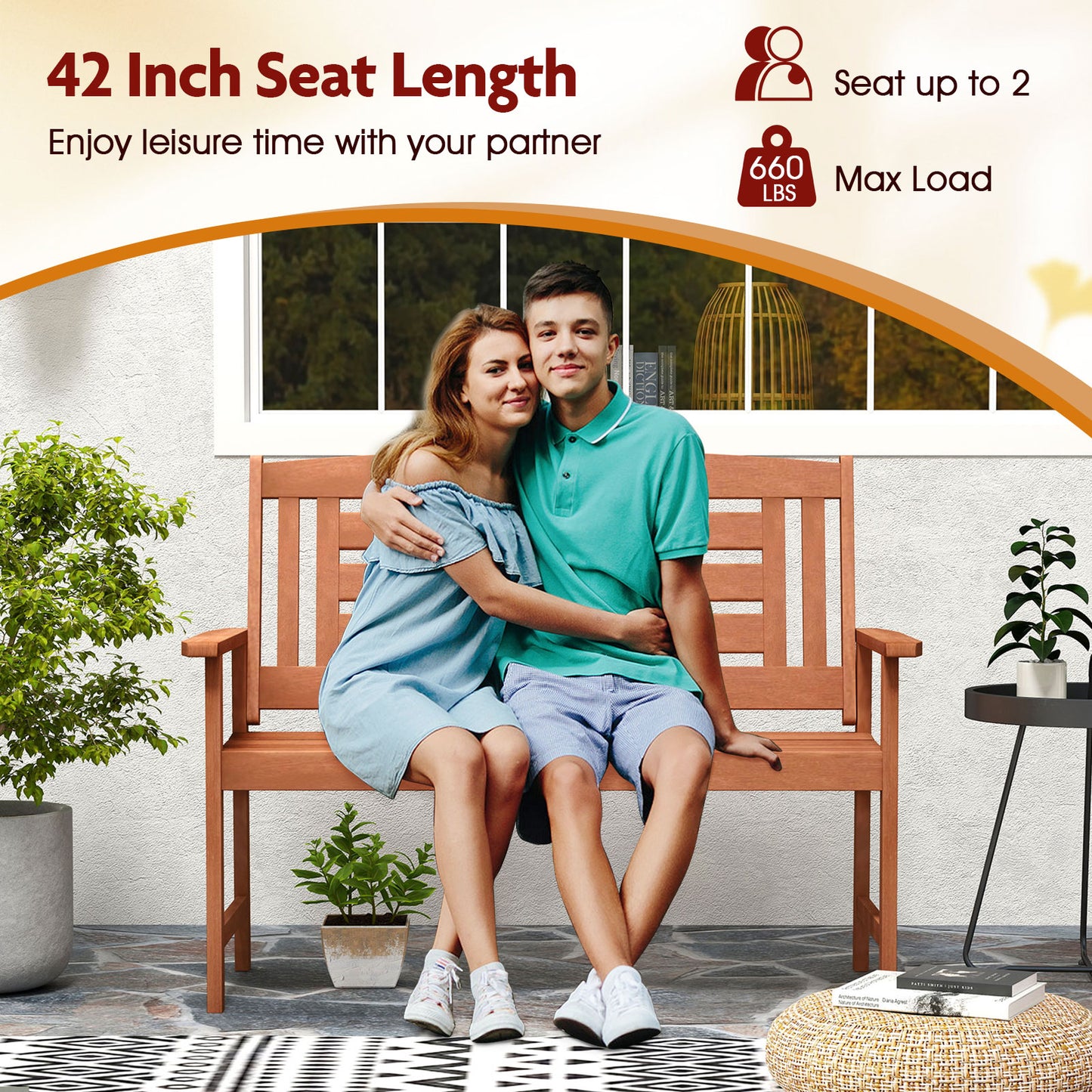 Solid Wood Loveseat Bench with Inclined Backrest