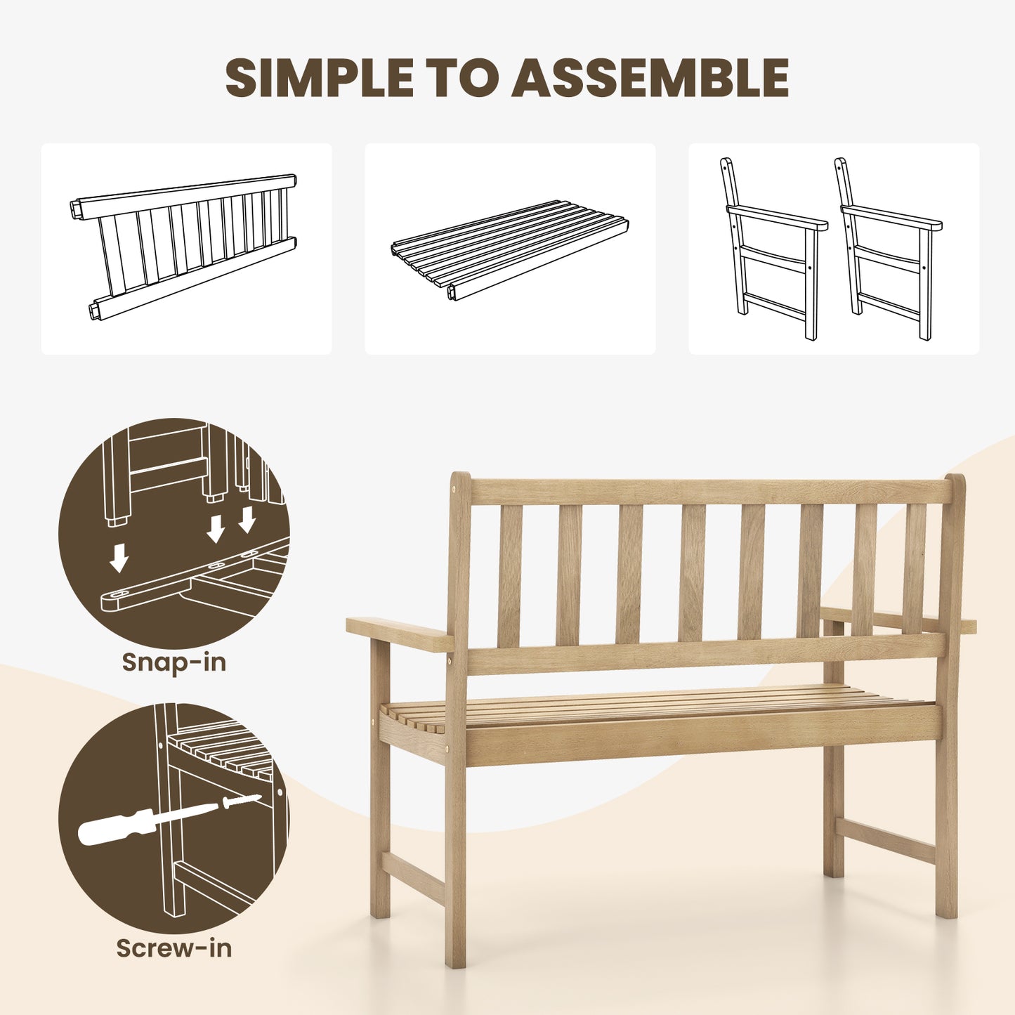 Teak Wood Garden Bench 2-Person with Backrest and Armrests