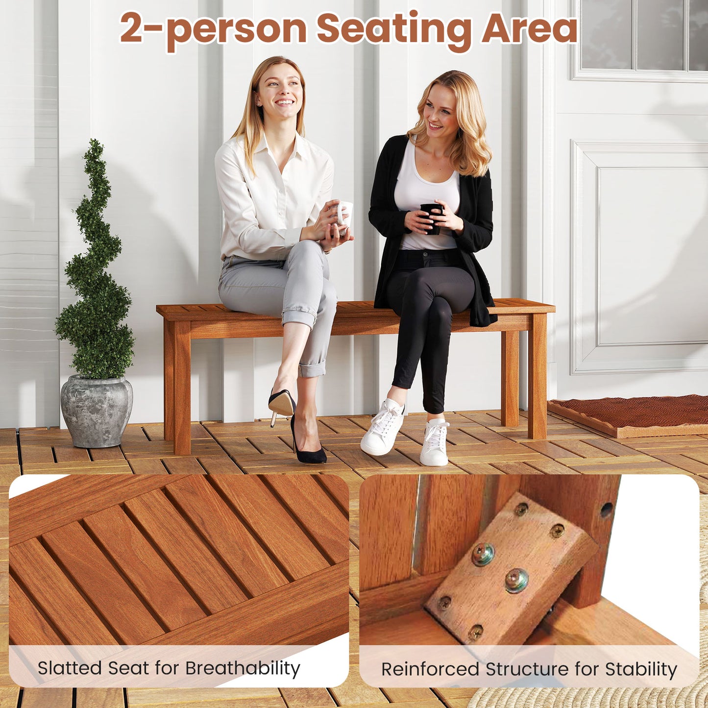2-Person Backless Wood Bench for Outdoor Patio & Garden