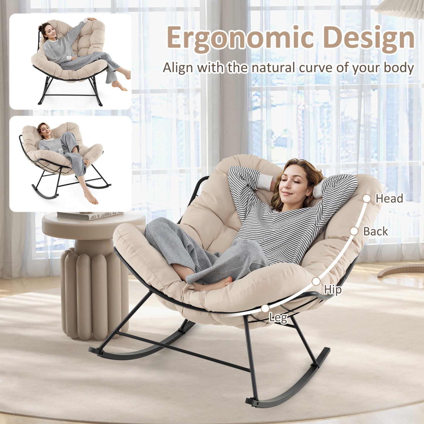 Oversized Egg Papasan Rocking Chair with Padded Cushion