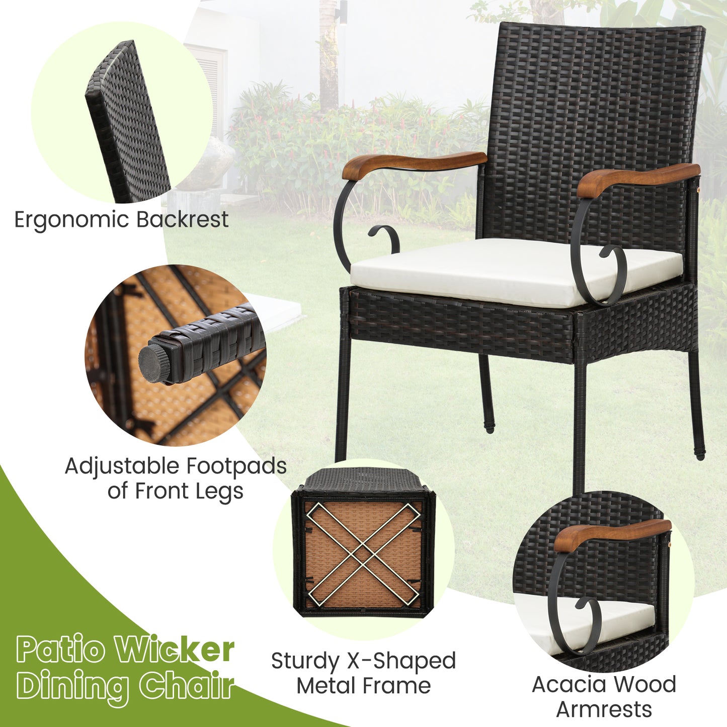 Outdoor PE Wicker Dining Chairs with Acacia Wood Armrests