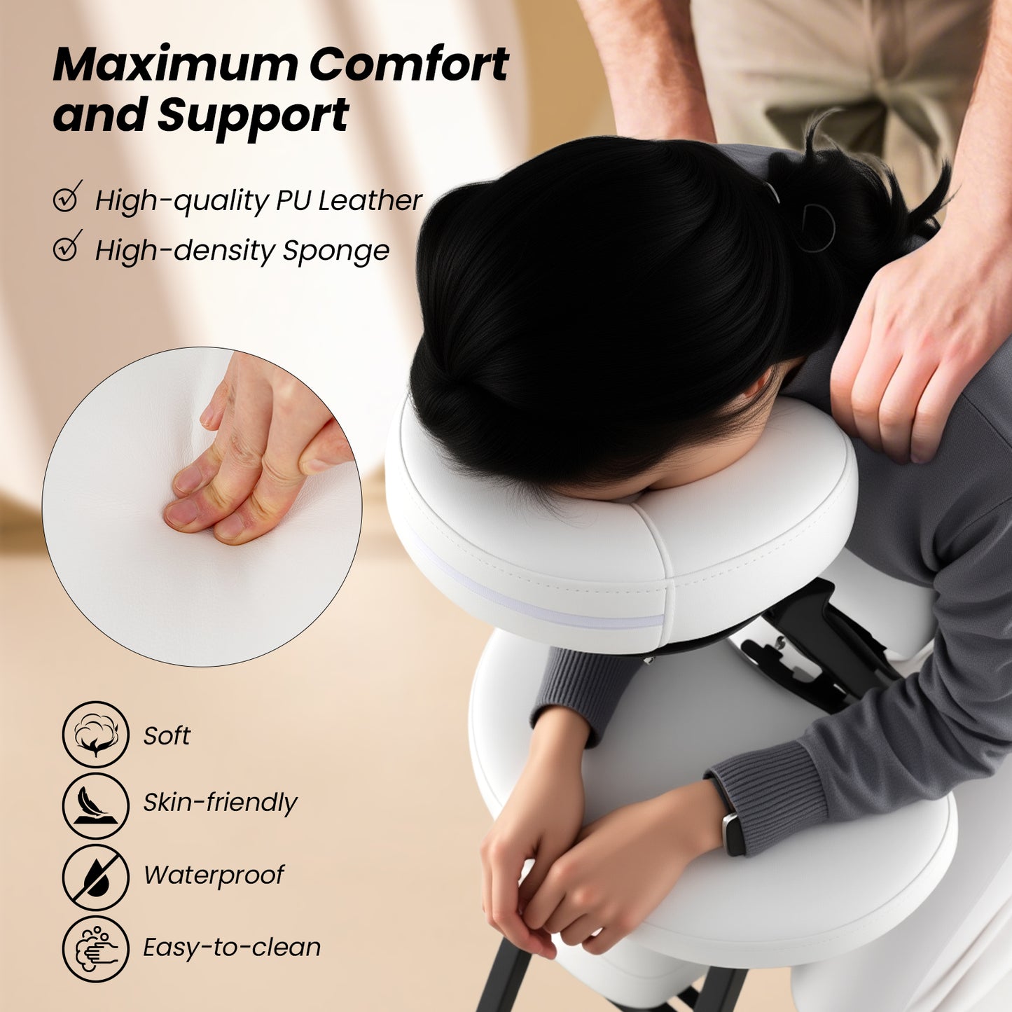 PU Leather Pad Travel Massage Chair with Thickened Sponge and Carrying Bag-White
