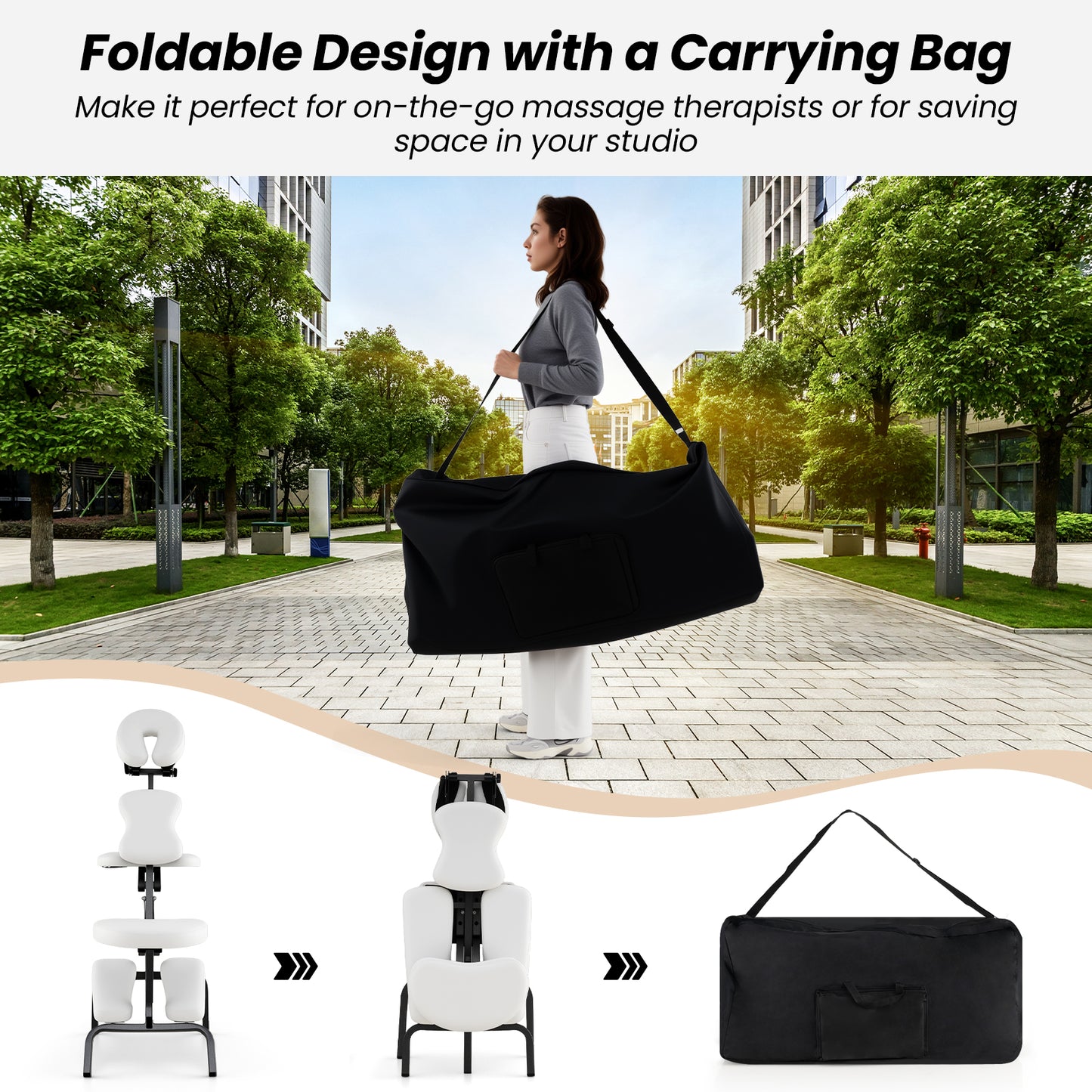 PU Leather Pad Travel Massage Chair with Thickened Sponge and Carrying Bag-White