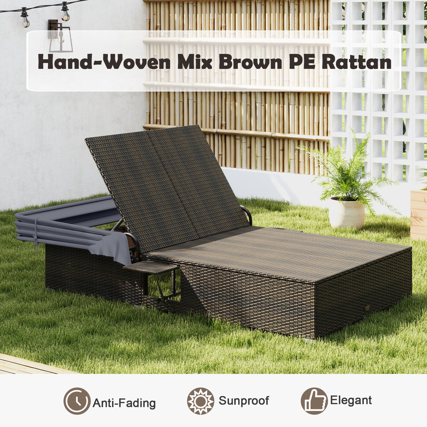 Double Chaise Lounge with Canopy, Cushions & Side Tables