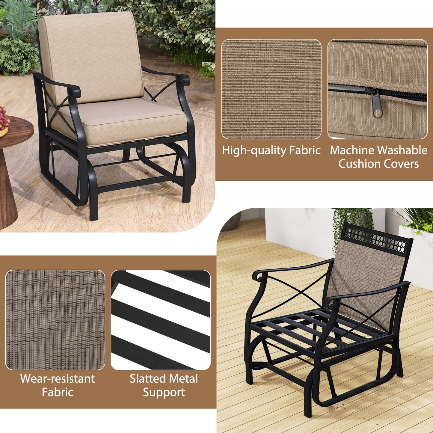 Patio Glider Rocking Chair with Cushions - Brown