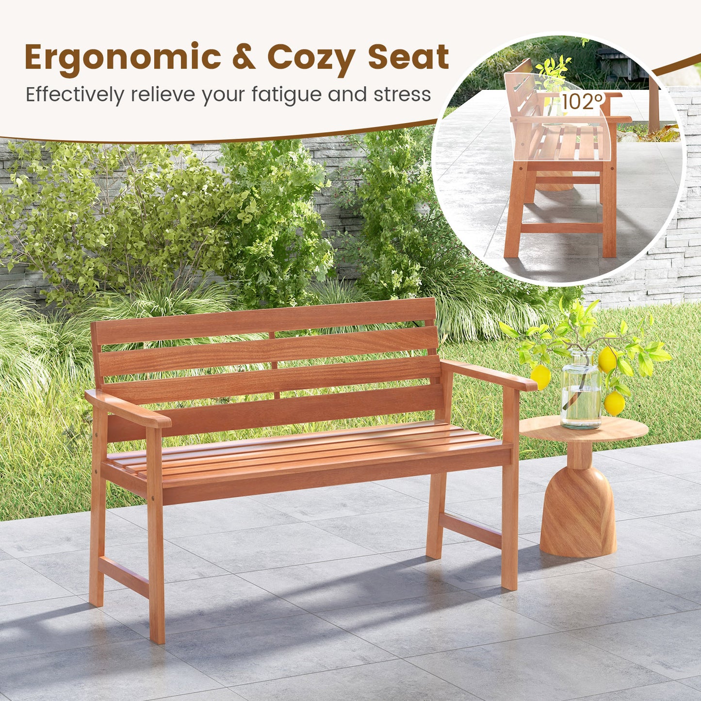 Solid Wood Outdoor Bench 2-Seat with Inclined Backrest