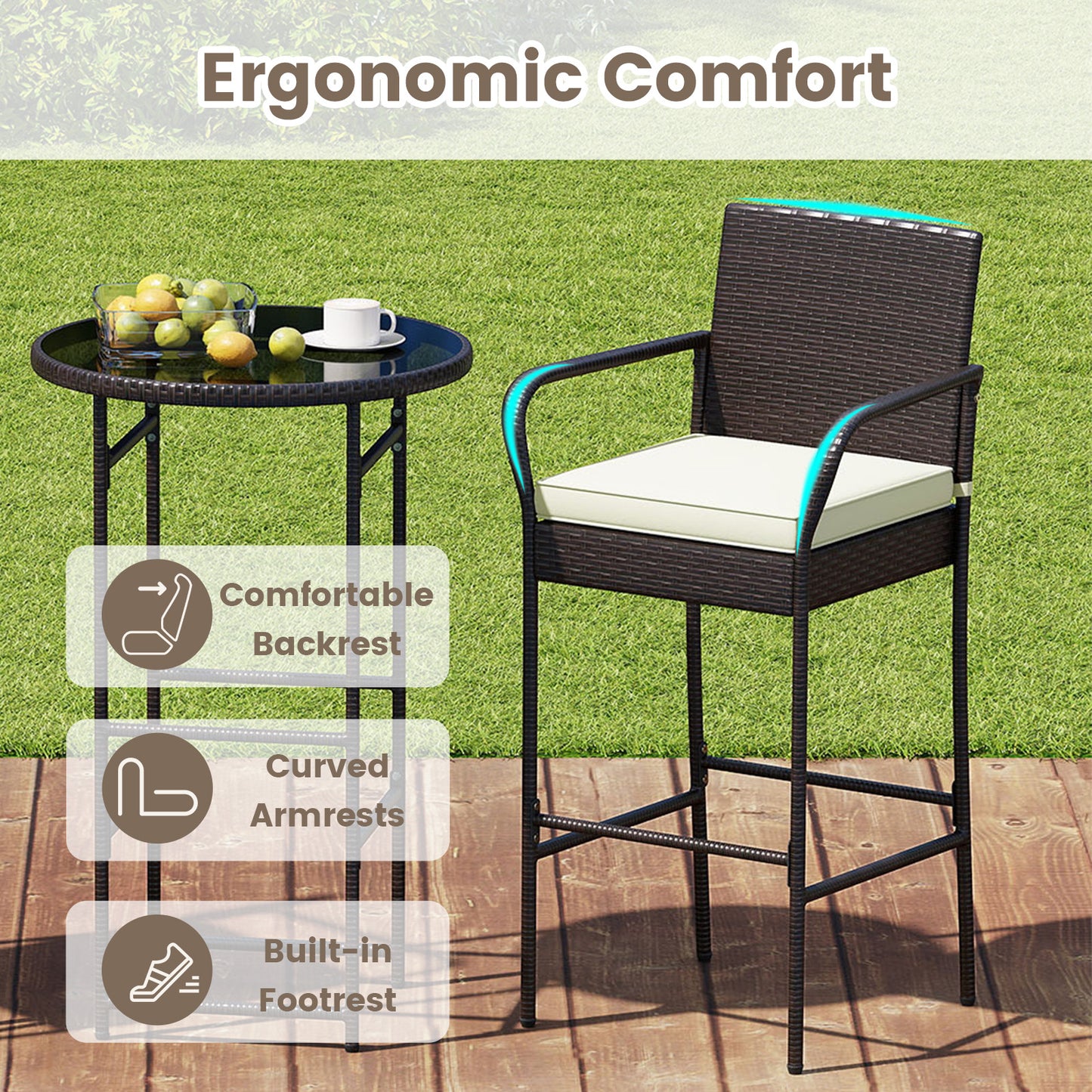 Rattan Bar Height Table and Chairs Set with Cushions