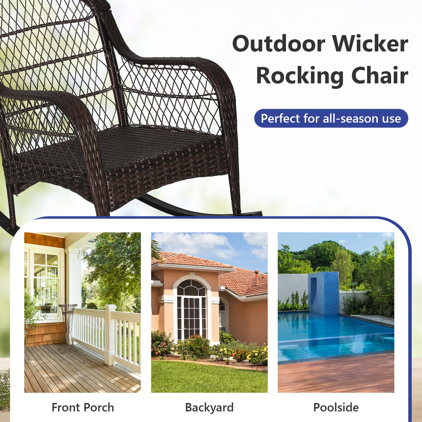 Patio Rattan Rocking Chair with Cushions and Waist Pillow
