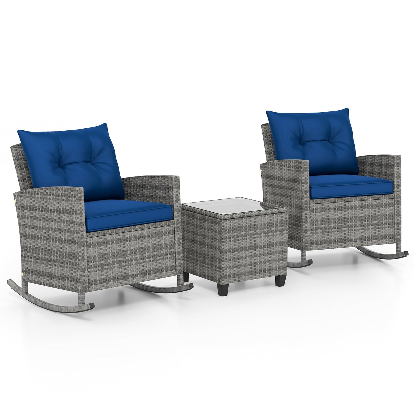 Patio Rattan Roker Chairs with Tempered Glass Table and Soft Cushions for Backyard Poolside Porch