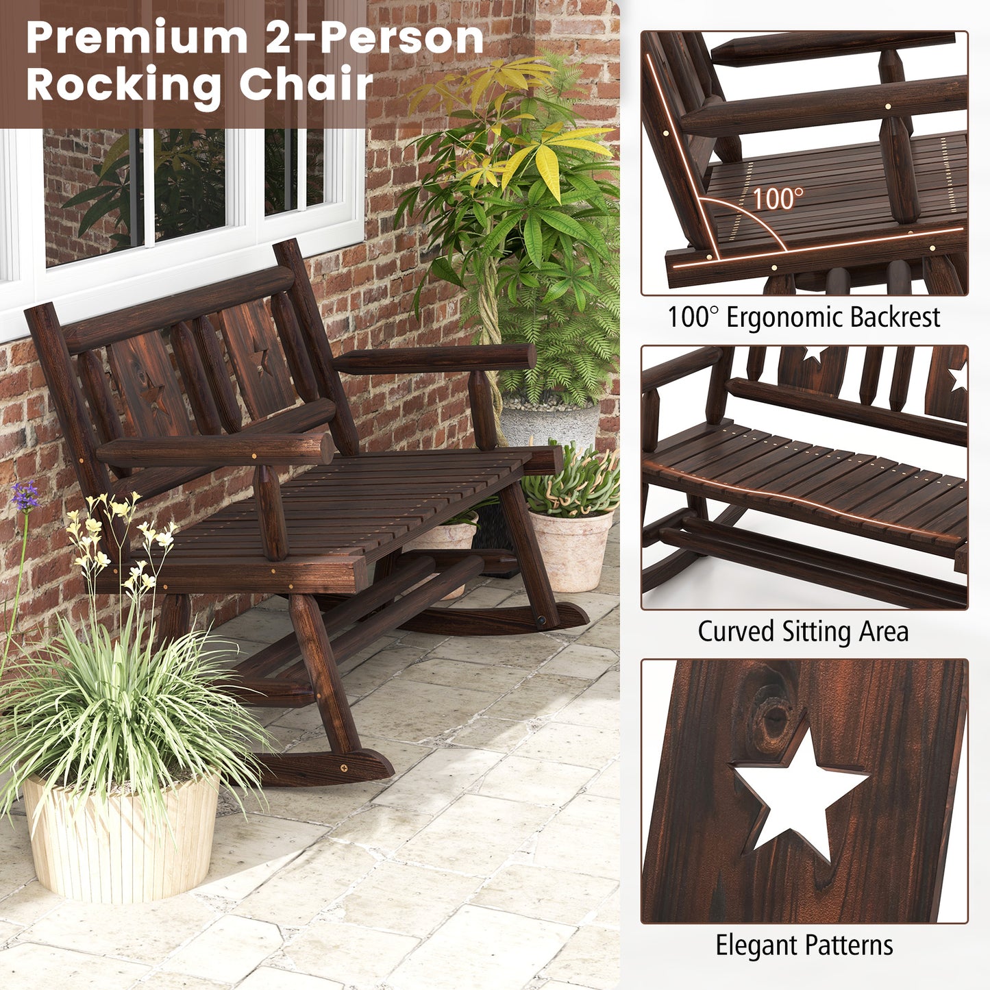 Double Rocking Bench 2-Person Loveseat with Ergonomic Seat