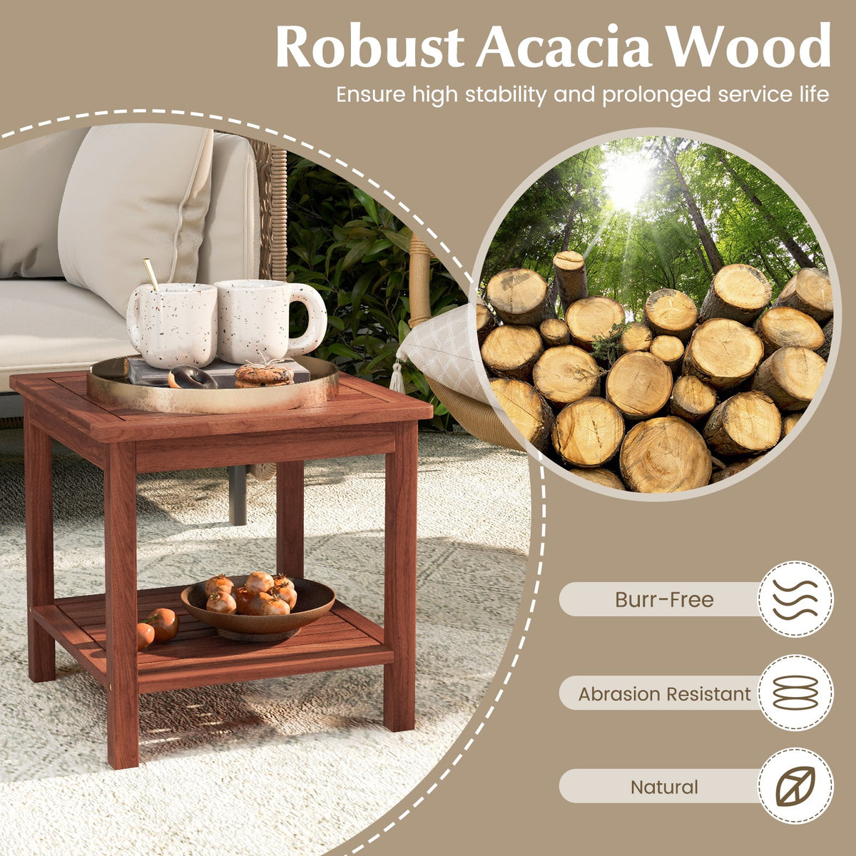 Set of 2 Double-Tier Acacia Wood Patio Side Table with Slatted Tabletop and Shelf
