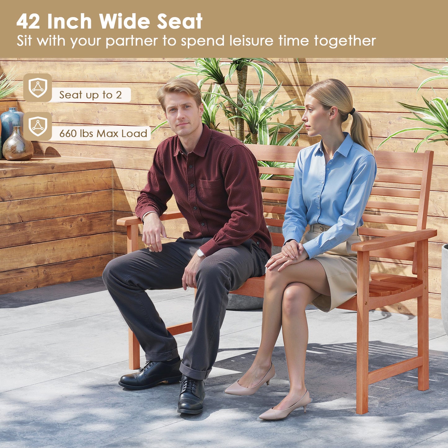 Solid Wood Loveseat Bench with Inclined Backrest