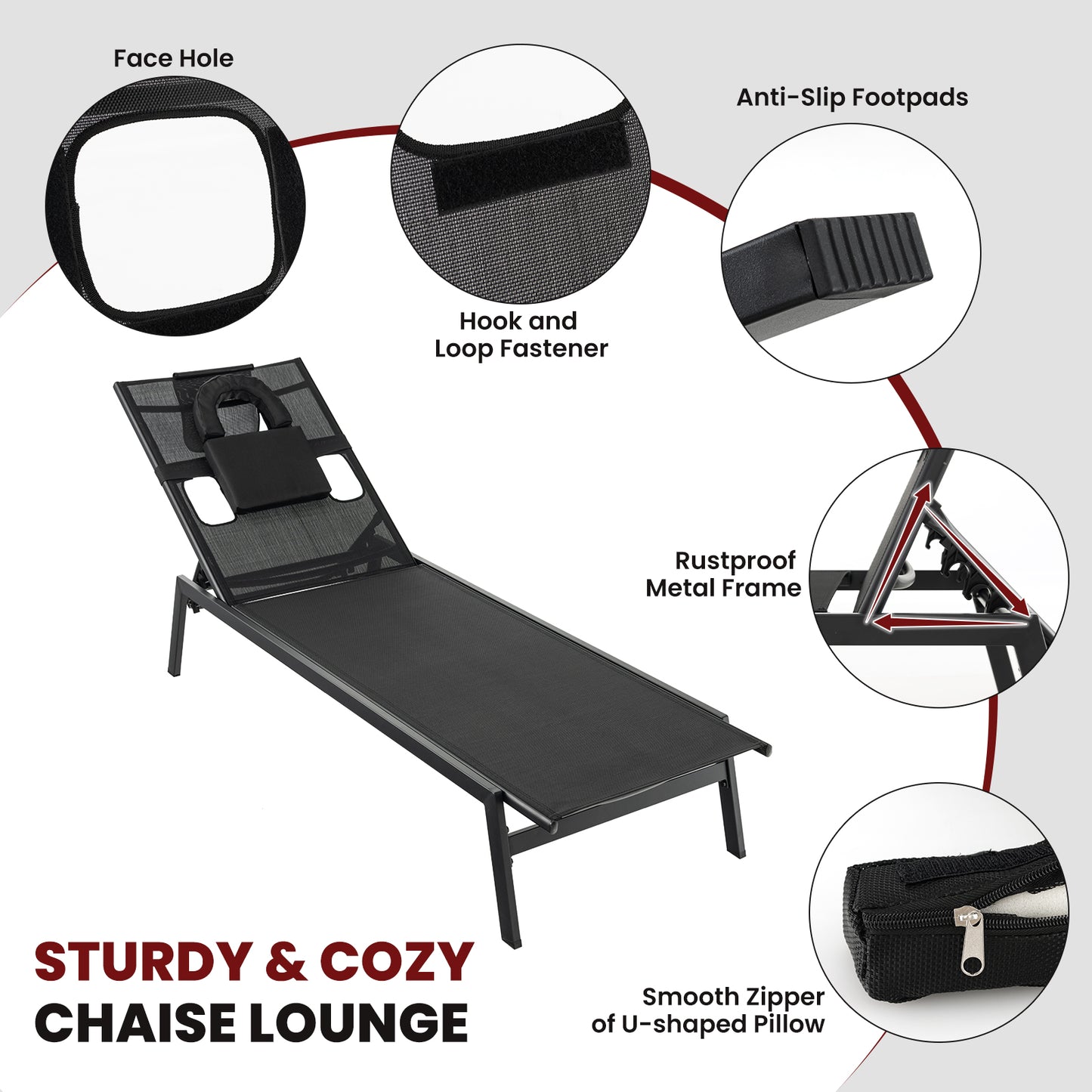 Adjustable Patio Chaise Lounge Chair with Face Hole - Black
