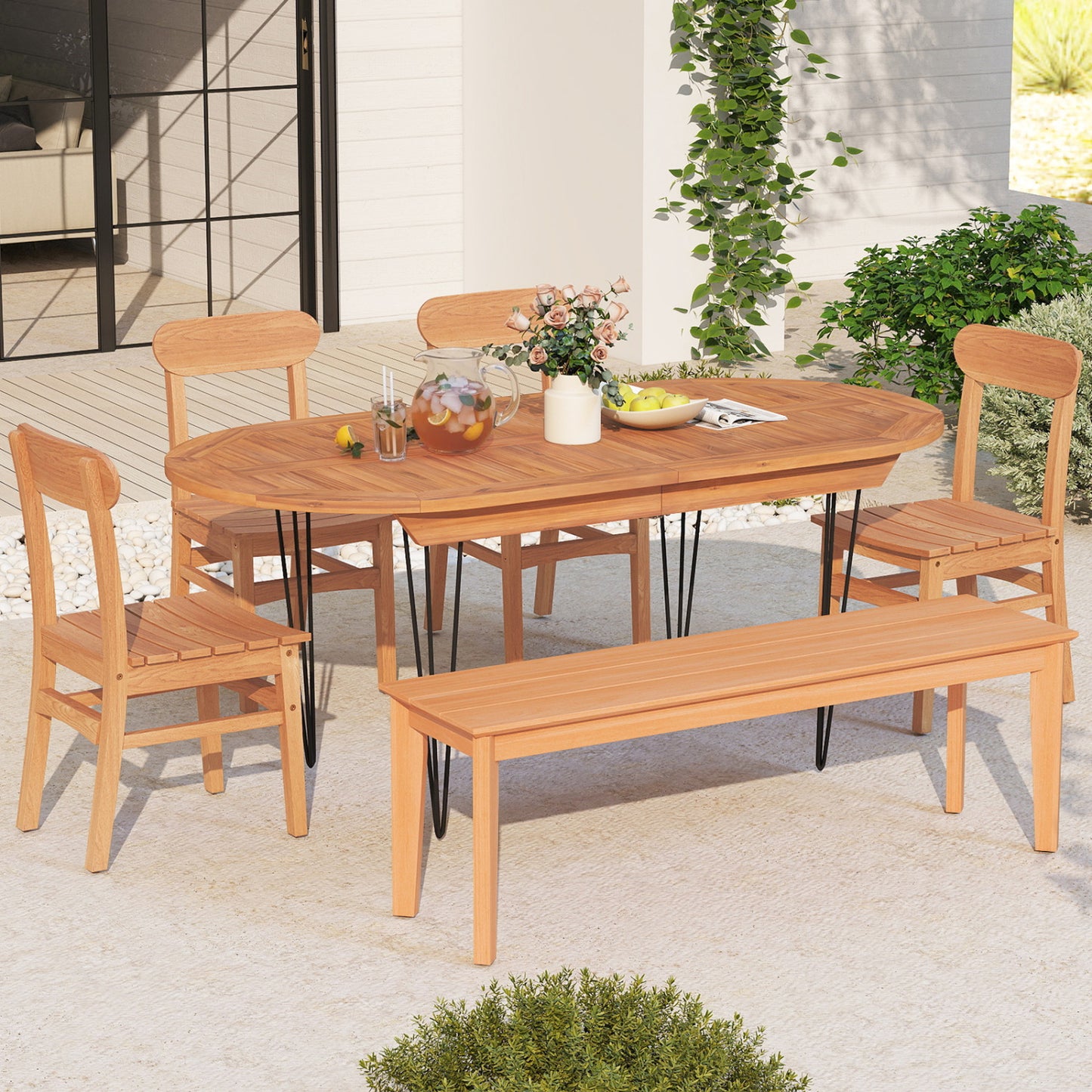 Teak Wood Armless Dining Chair with Slatted Seat