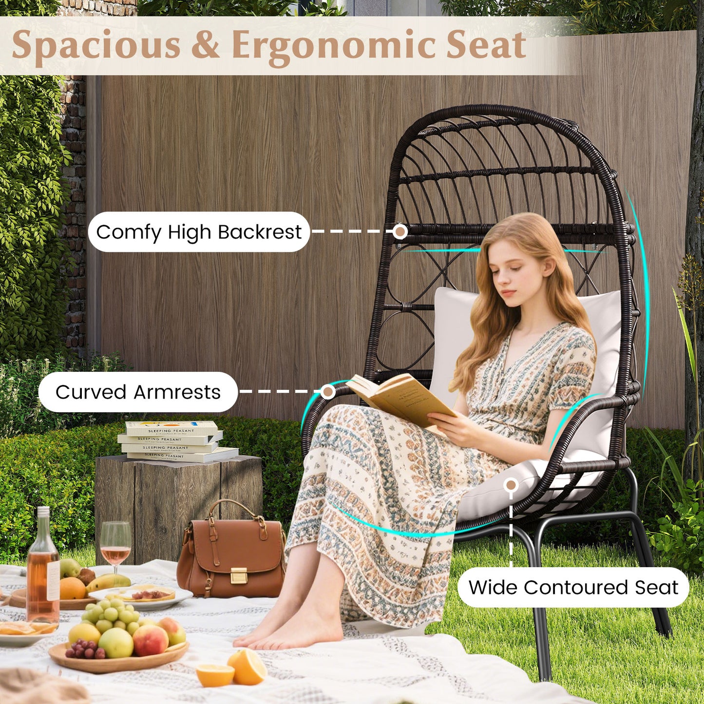Wicker Egg Chair with Cushions for Outdoor Patio