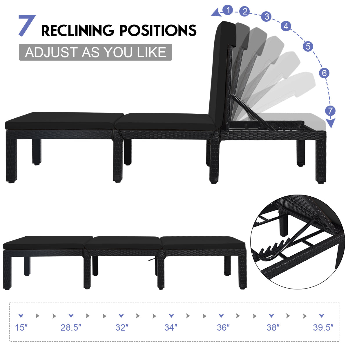 Adjustable Rattan Chaise Lounge Chair with Cushion
