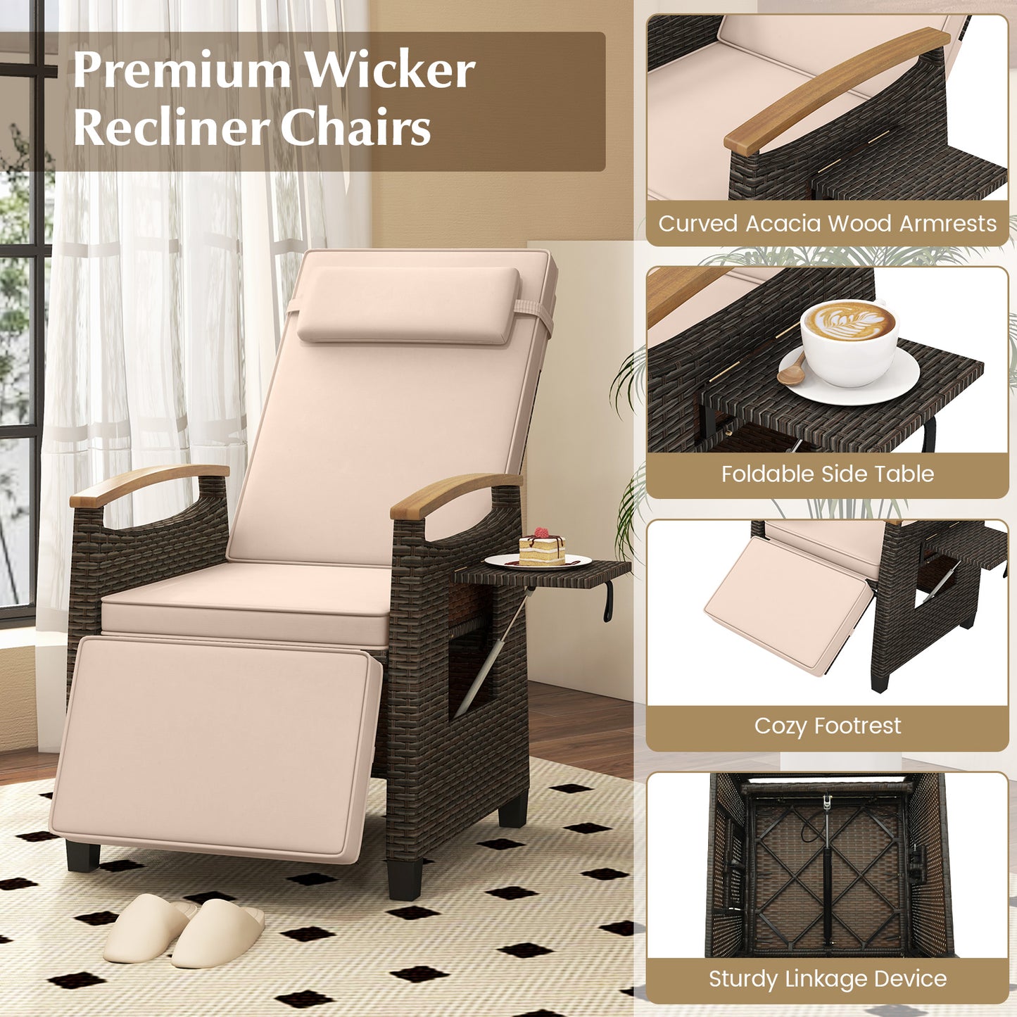 Adjustable Wicker Chaise Lounge Chair with Cushion & Side Table