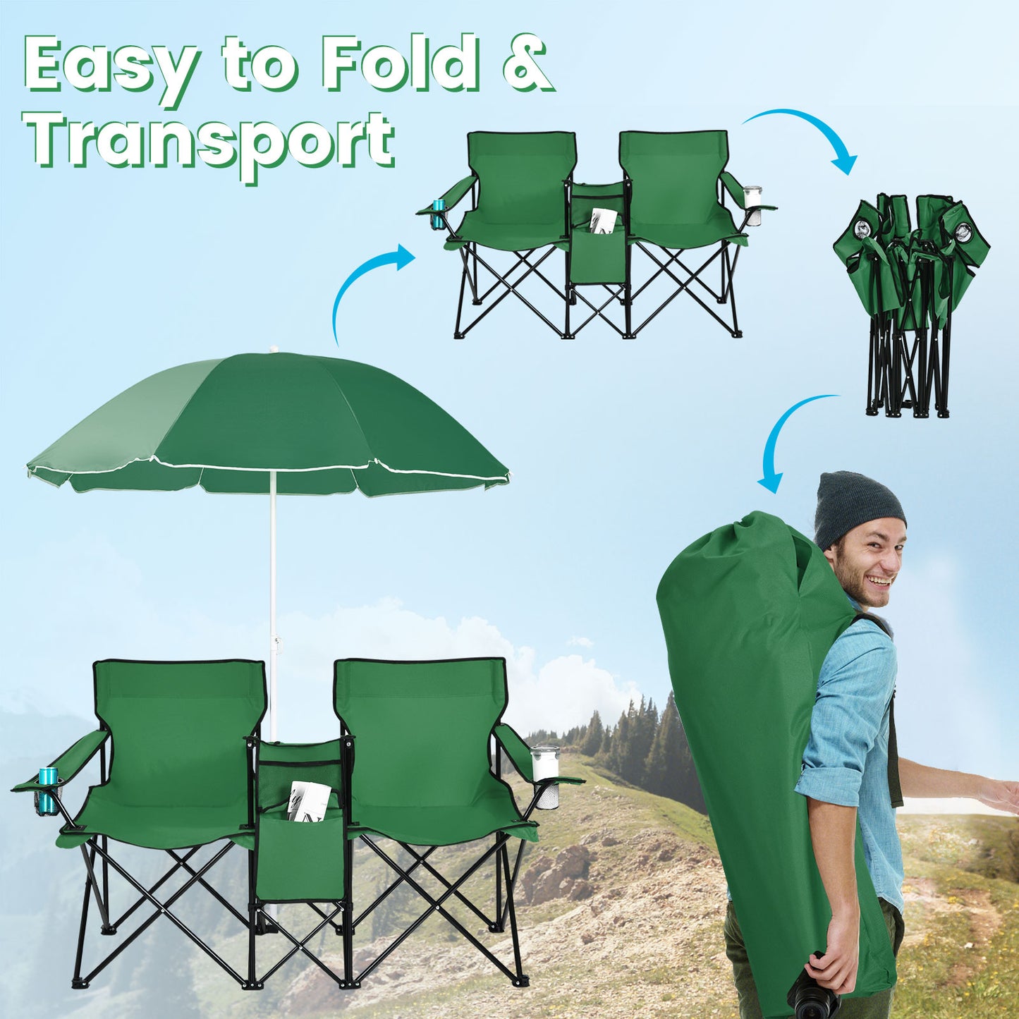 Folding Double Chair with Umbrella and Cooler Bag