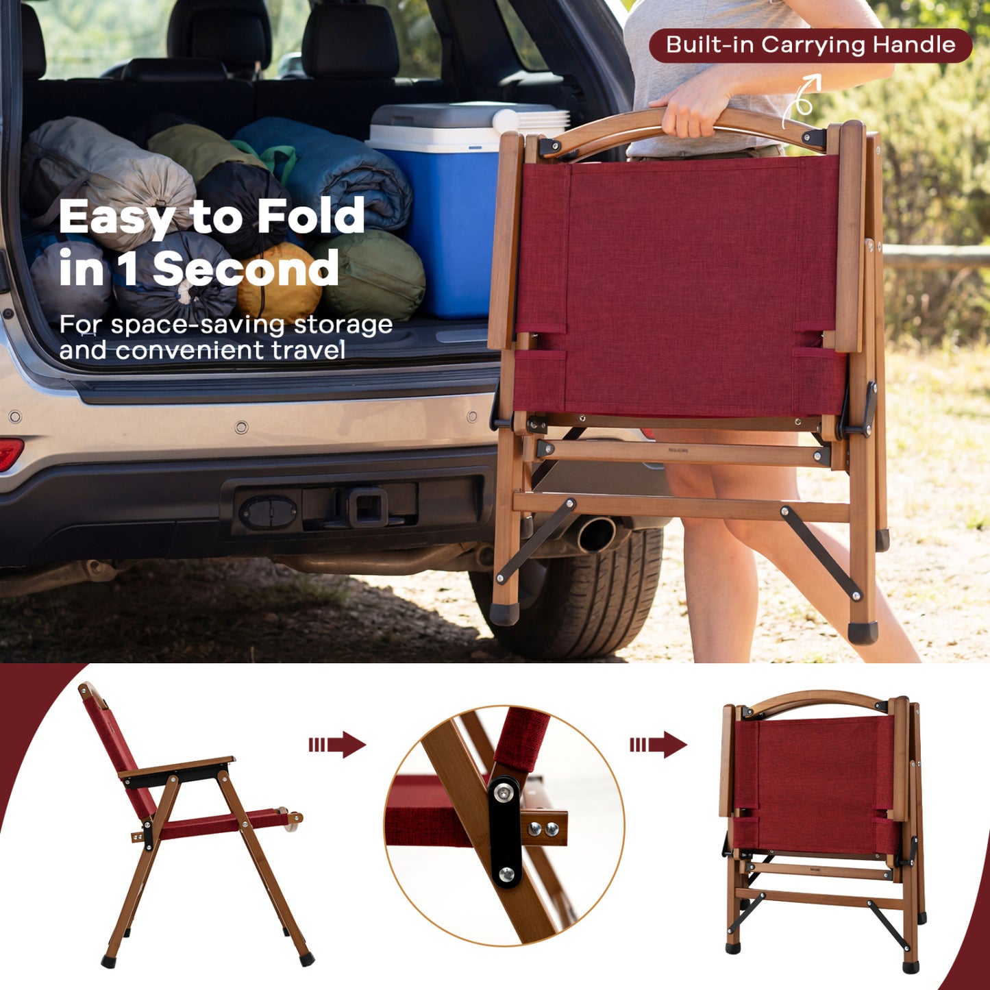 Folding Camping Chair with Bamboo Frame - Low Seat Height