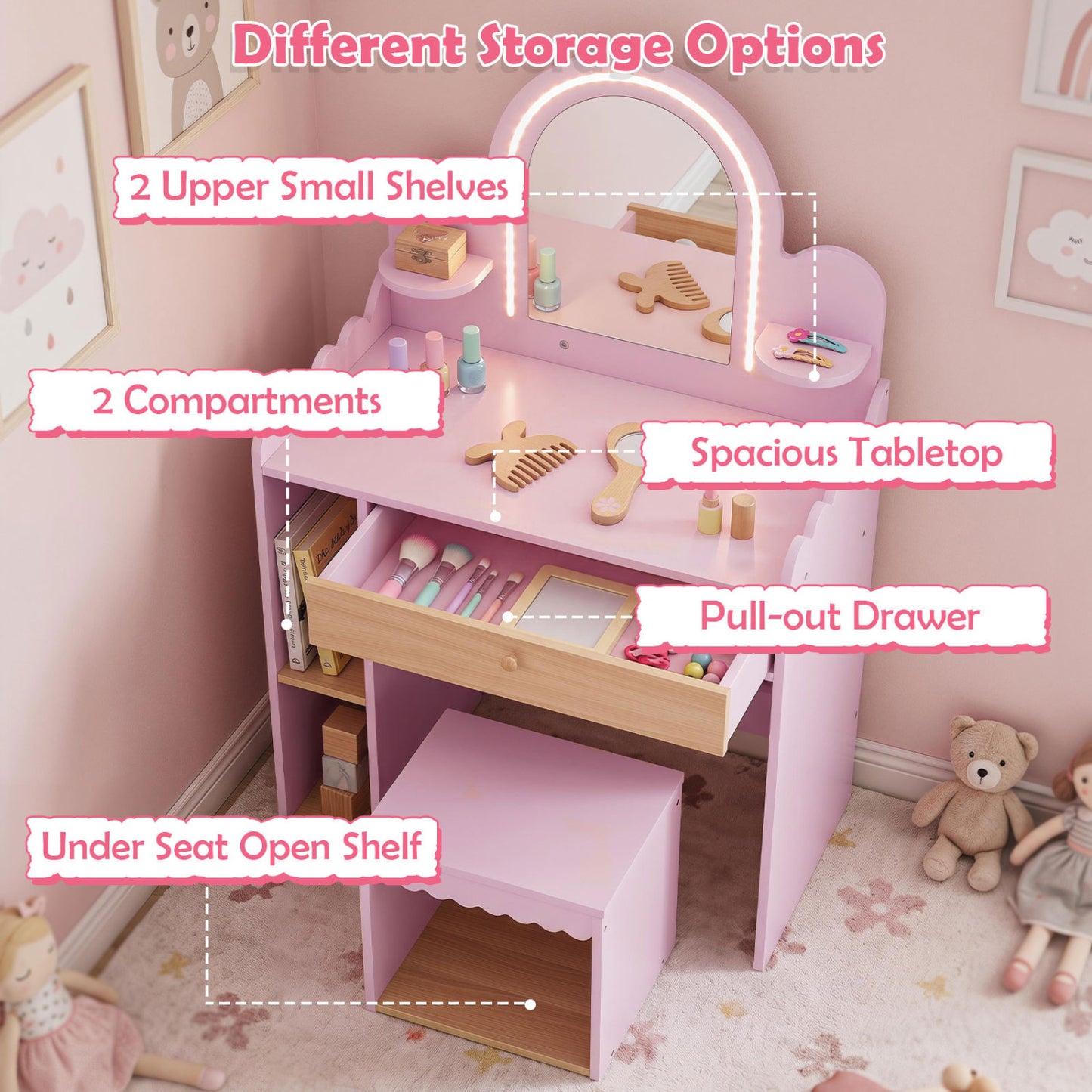 Kids Makeup Vanity Table Set with Stool and Mirror - Pink