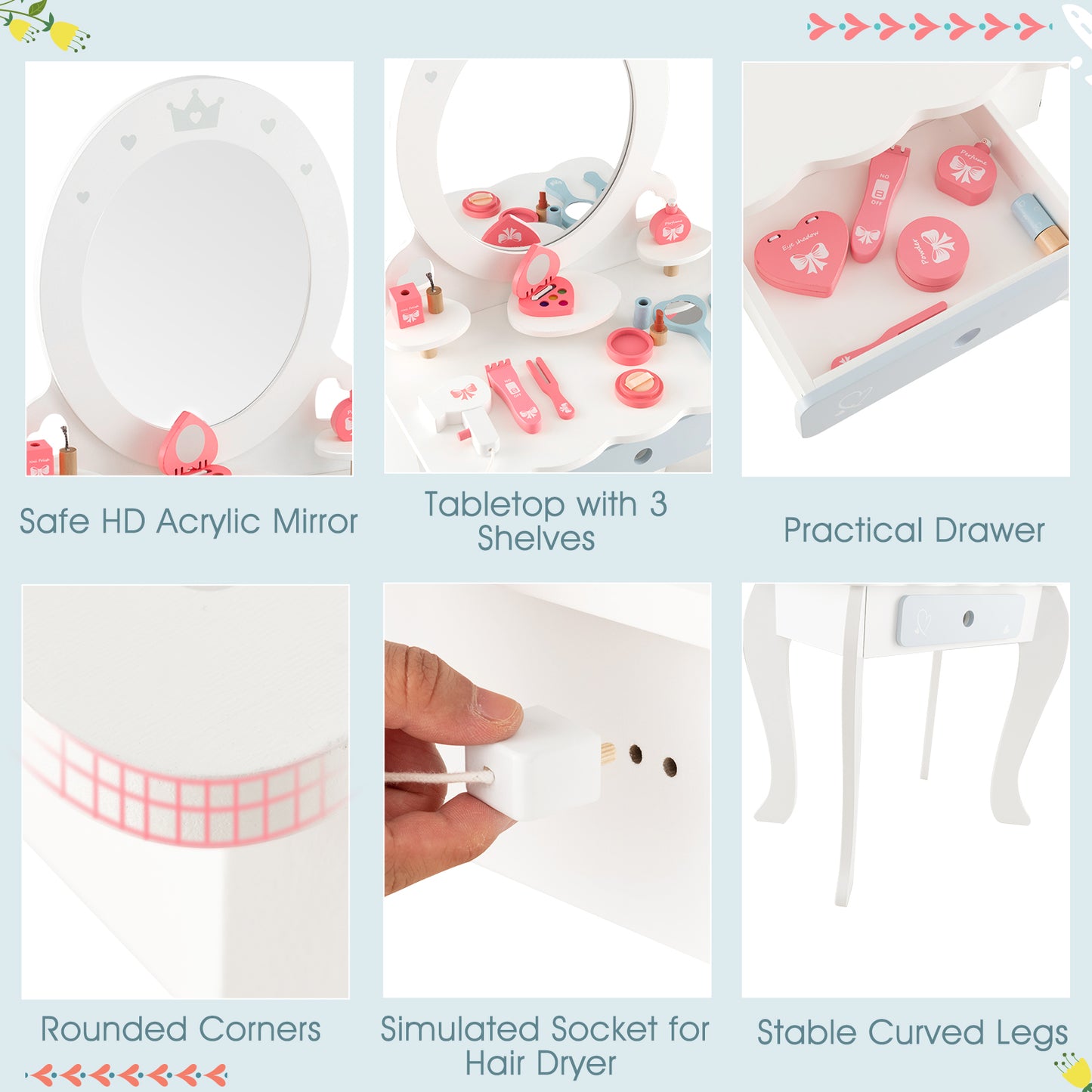 Kids 2-in-1 Princess Vanity Table and Chair Set with Mirror