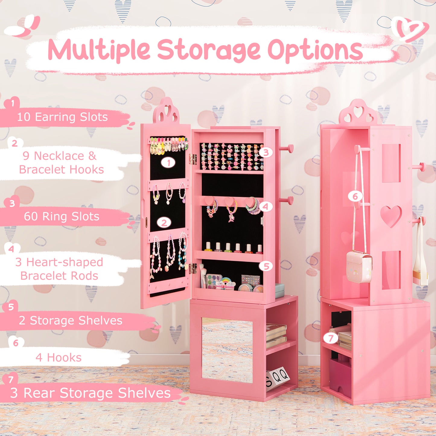 Kids Vanity Table & Stool Set with Full-Length Mirror