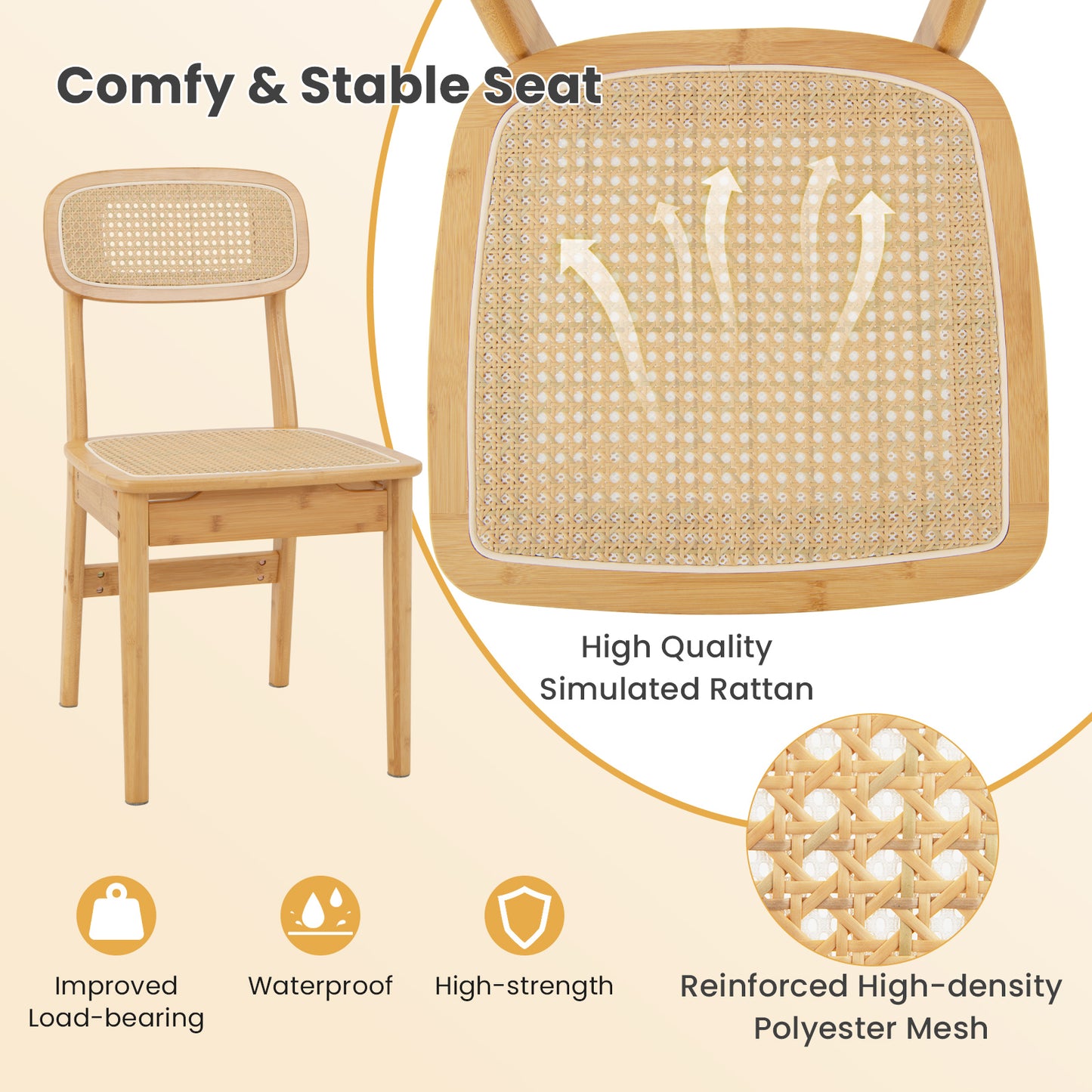 Rattan Dining Chairs Set of 2 with Bamboo Frame