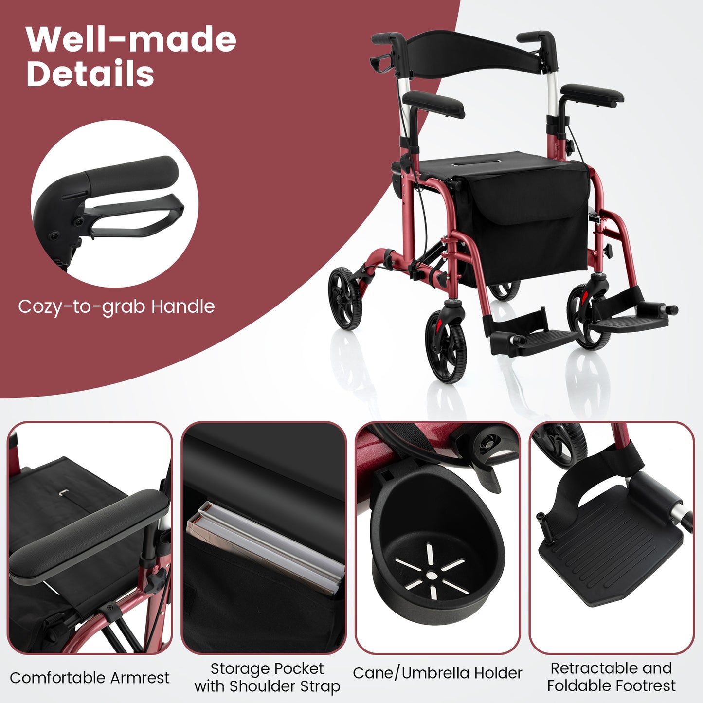 Folding Rollator Walker with Seat and Wheels Supports up to 300 lbs-Red