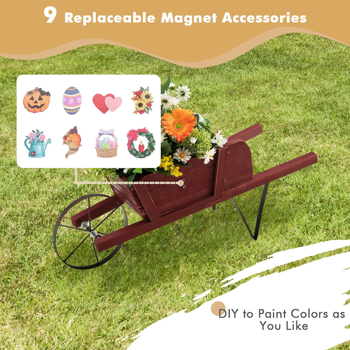 Wooden Wagon Planter with 9 Magnetic Accessories for Garden Yard