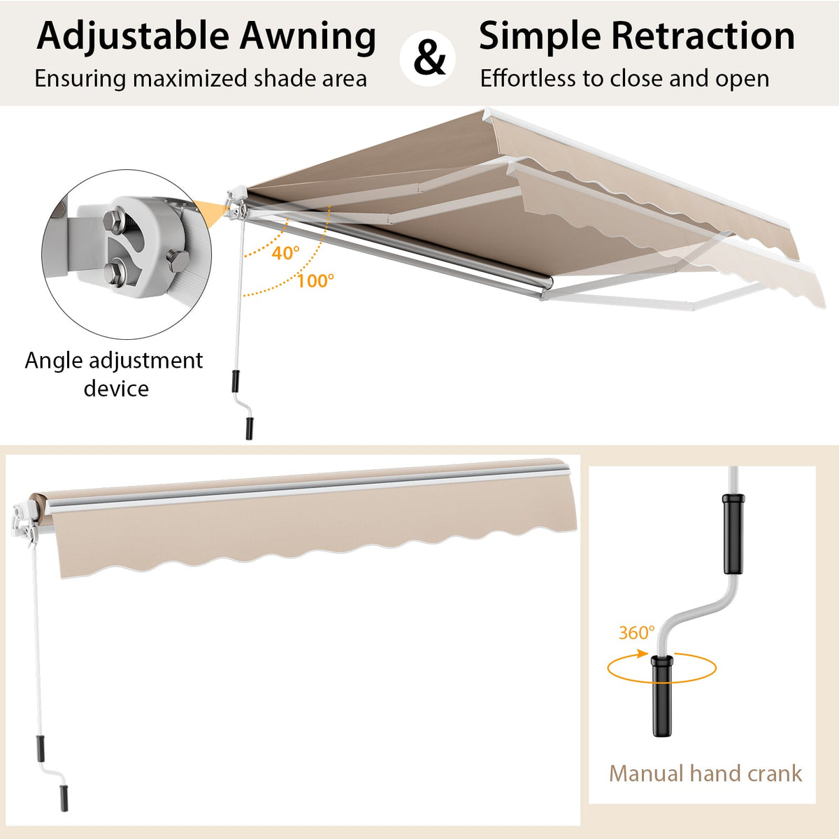 13 × 8 Feet Retractable Patio Awning Aluminum Deck Sunshade-Beige