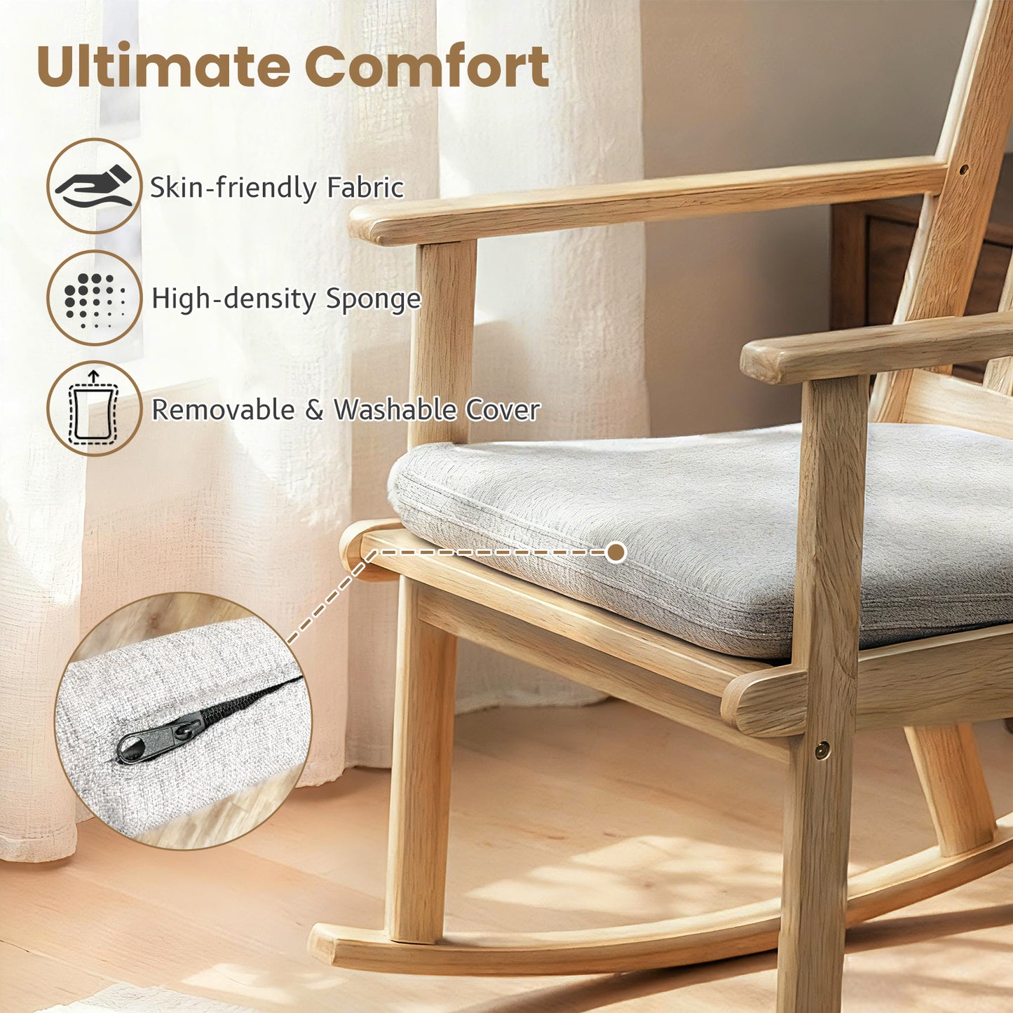 Rocking Chair with Cushion - Solid Rubber Wood Natural Finish