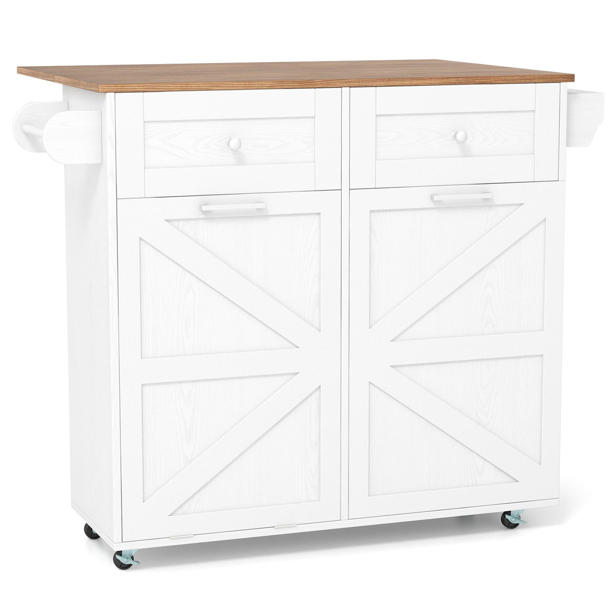 Rolling Kitchen Island with Trash Can Cabinet and Rubber Universal Wheels