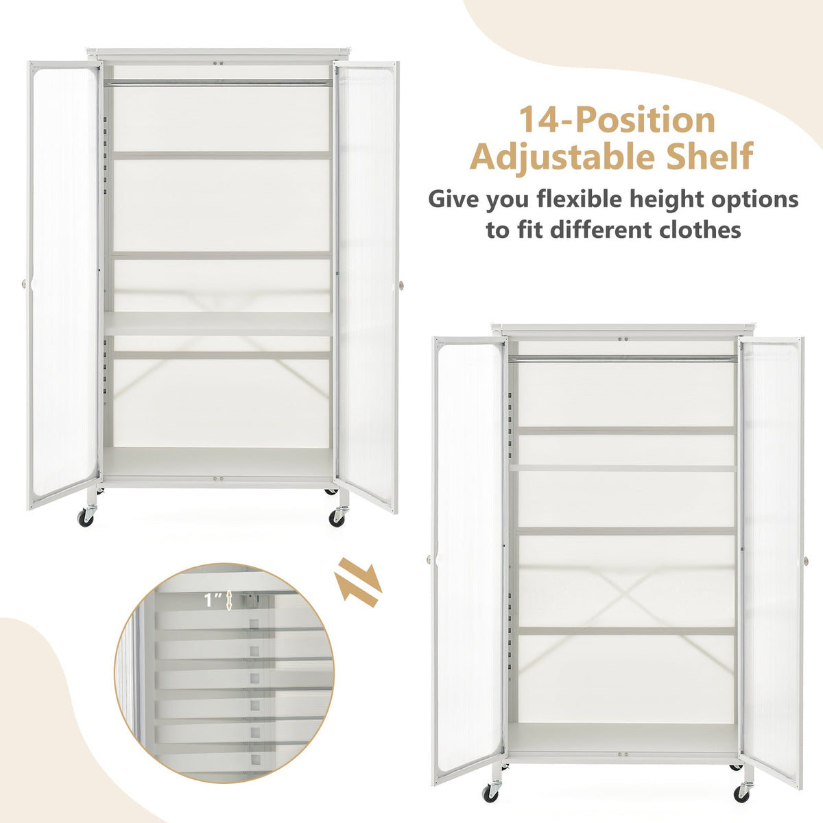 Rolling Storage Armoire Closet with Hanging Rod and Adjustable Shelf-White