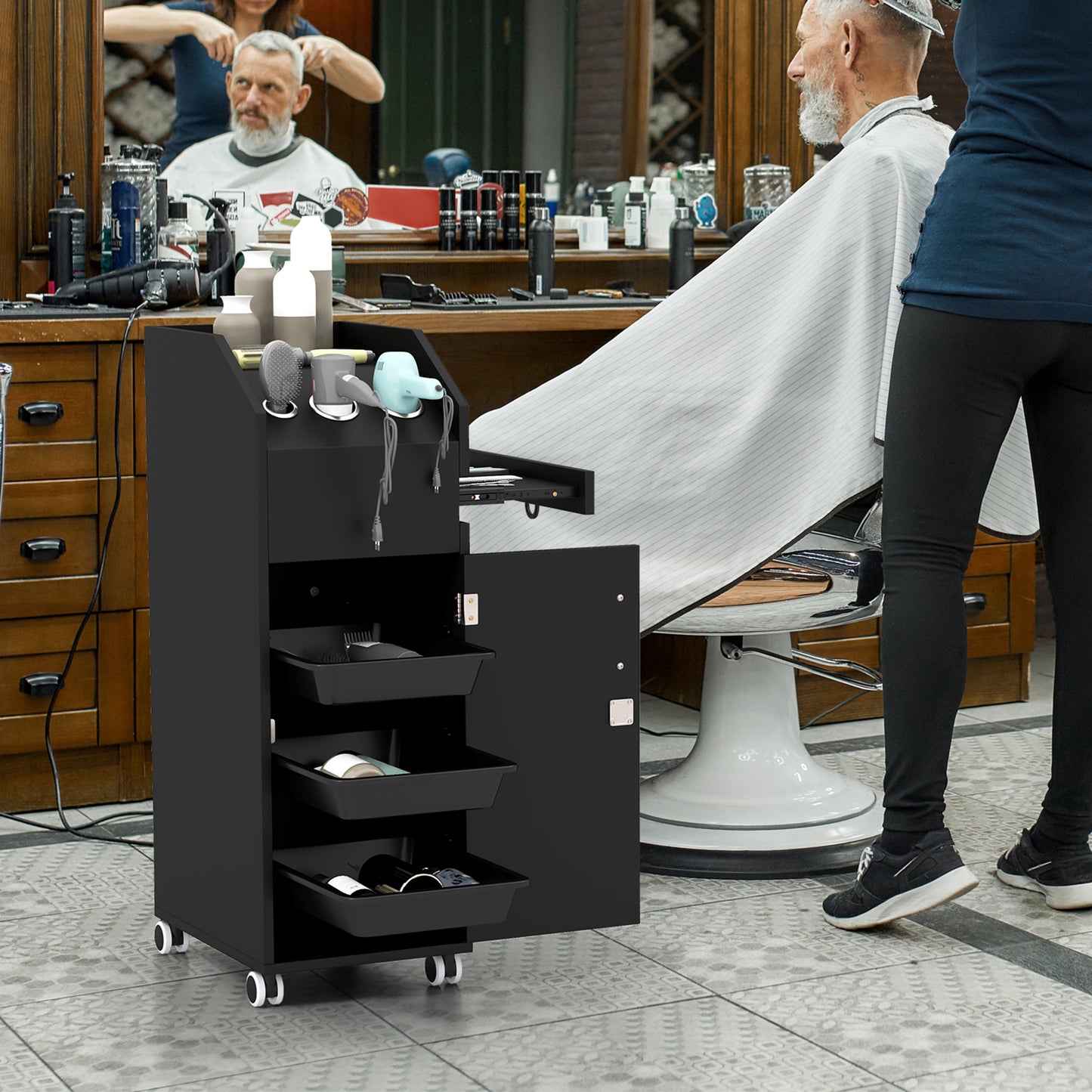 Salon Trolley Cart 360° Rolling Tool Cart Mobile Storage Station with 4 Lockable Wheels-Black