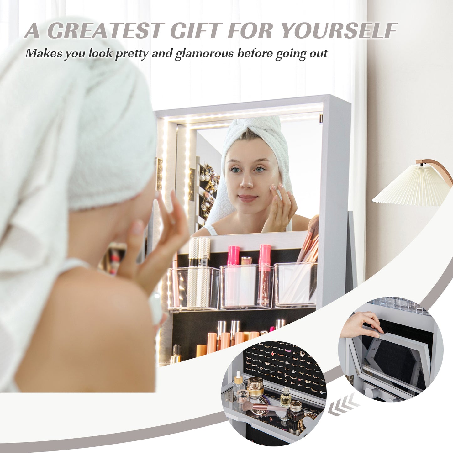 Rotating Mirrored Jewelry Armoire with LED Lighting