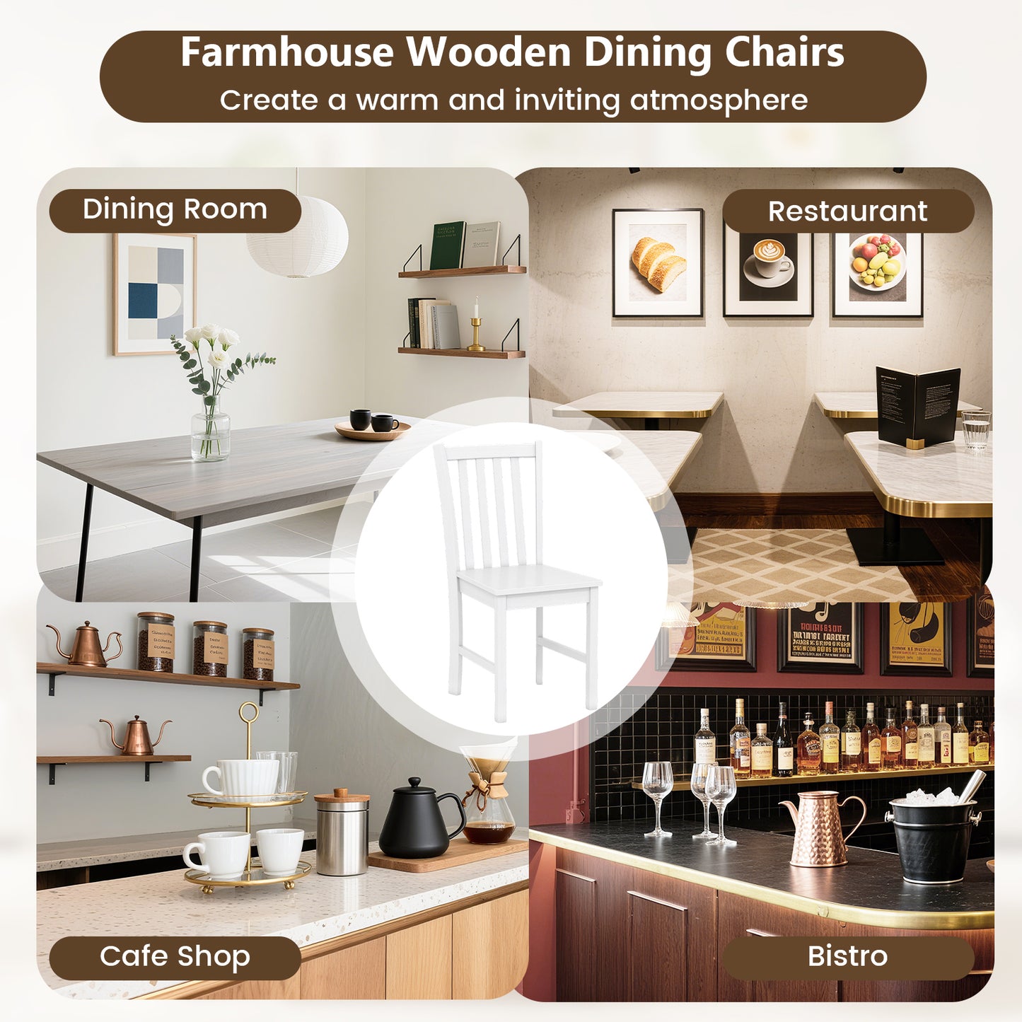 Wooden Dining Chairs Set of 2 with Slat Tilt Backrest