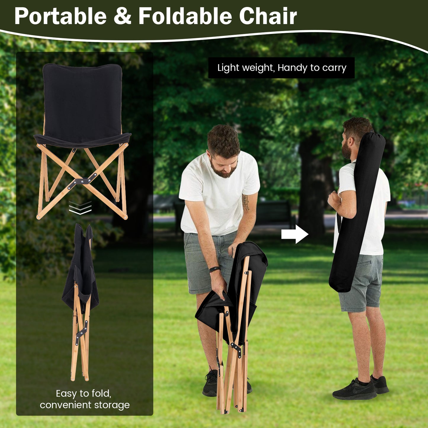 Bamboo Folding Chair Set of 2 with Storage Pocket