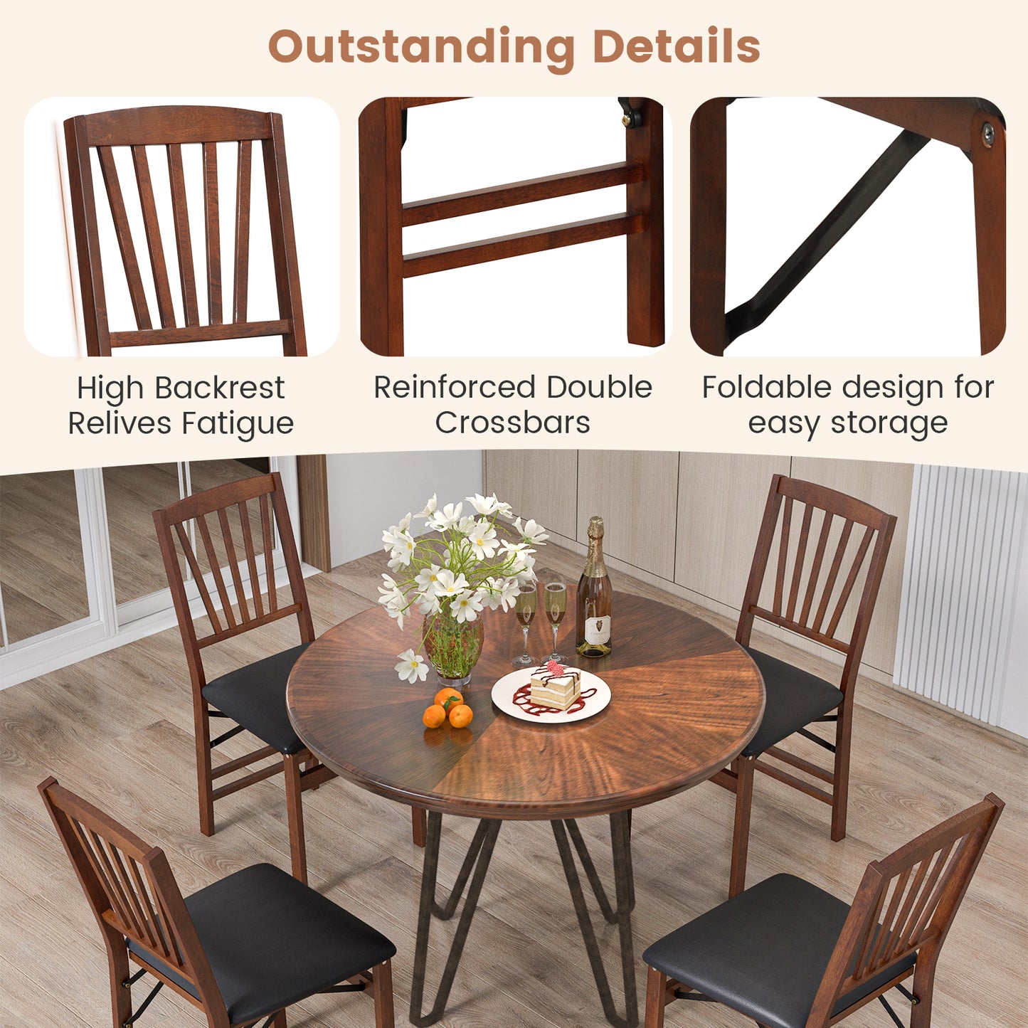 Folding Dining Chairs Set of 2 with Padded Seat