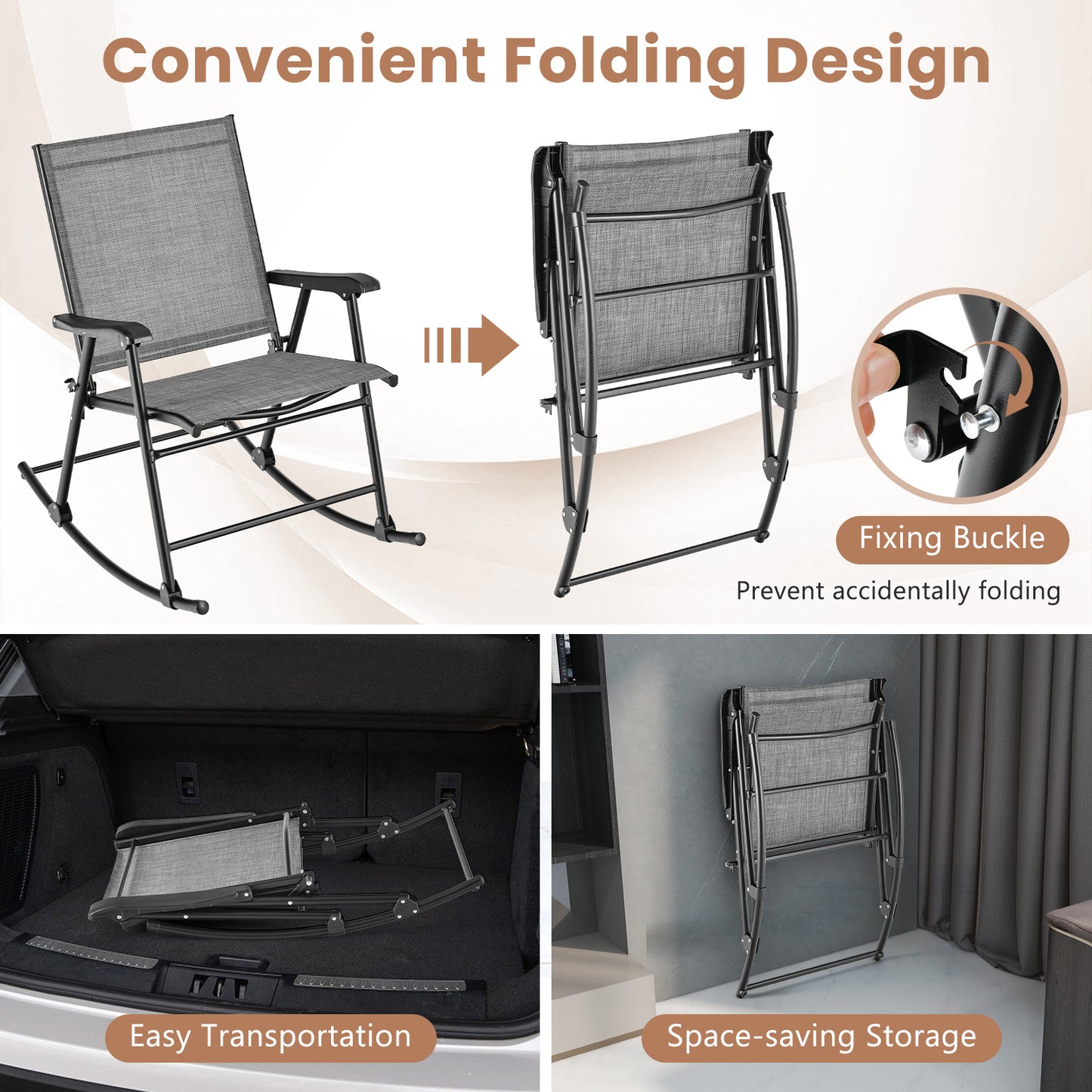Folding Rocking Chair Set of 2 with Breathable Fabric