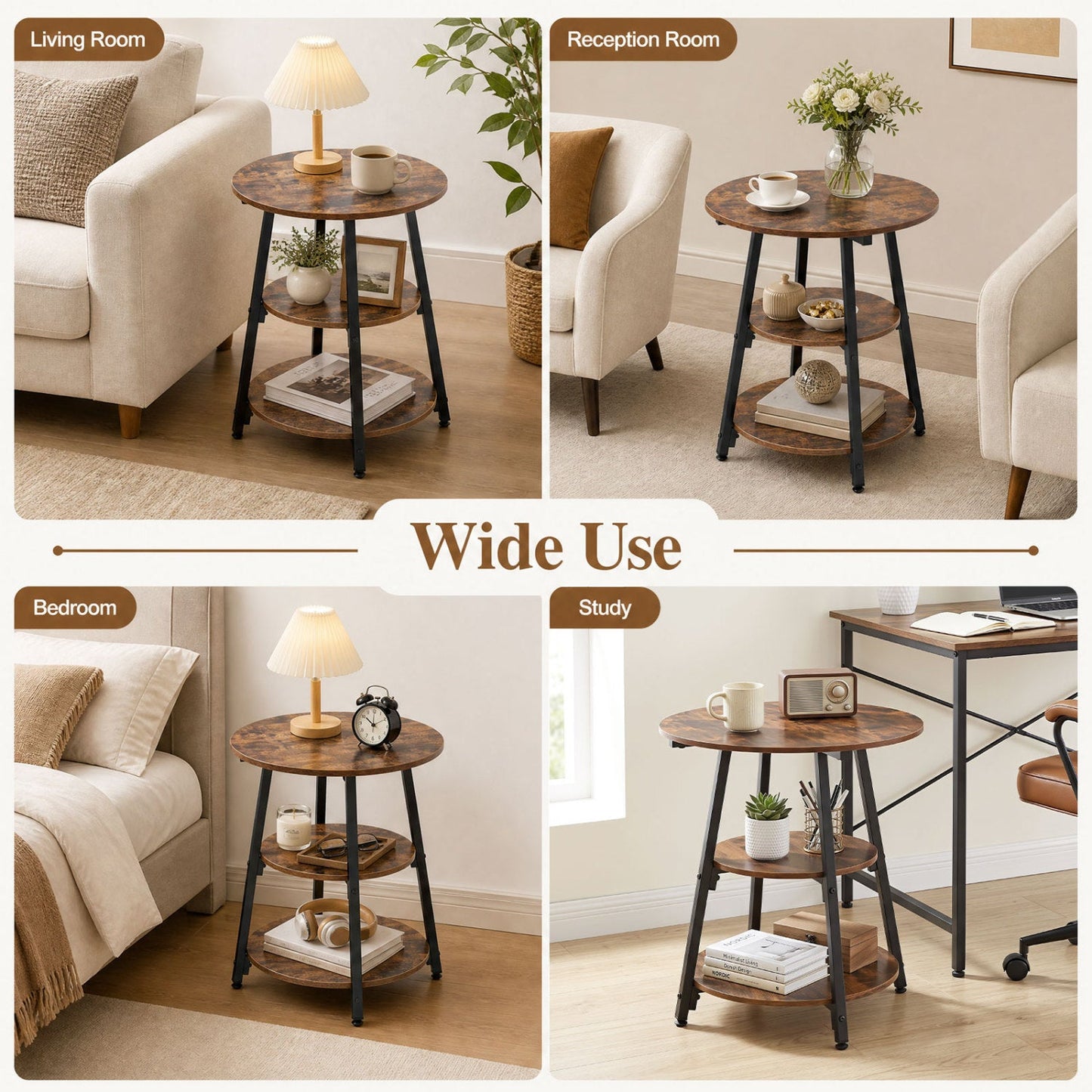 Industrial Side Tables Set of 2 with 3-Tier Shelves